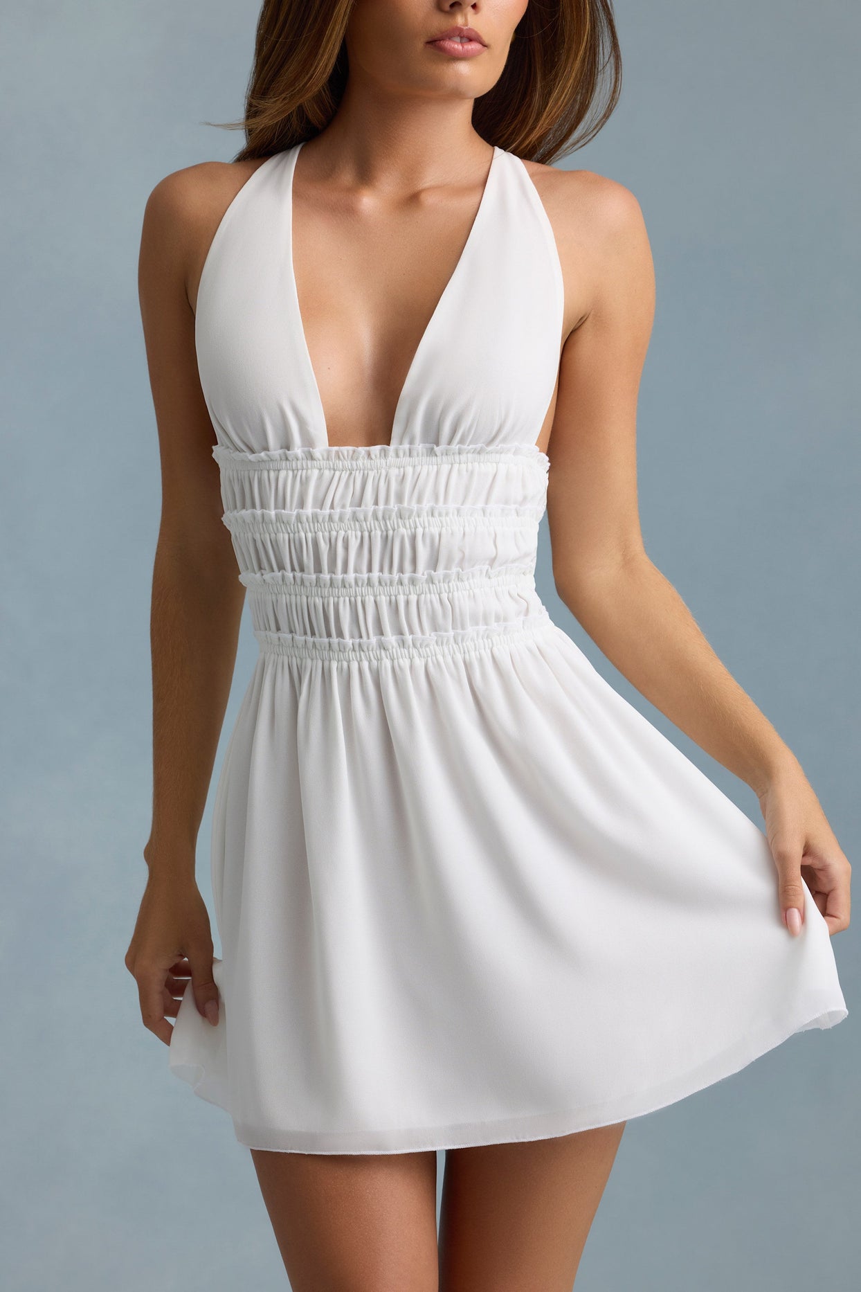 Plunge Cross-Back Mini Dress in White