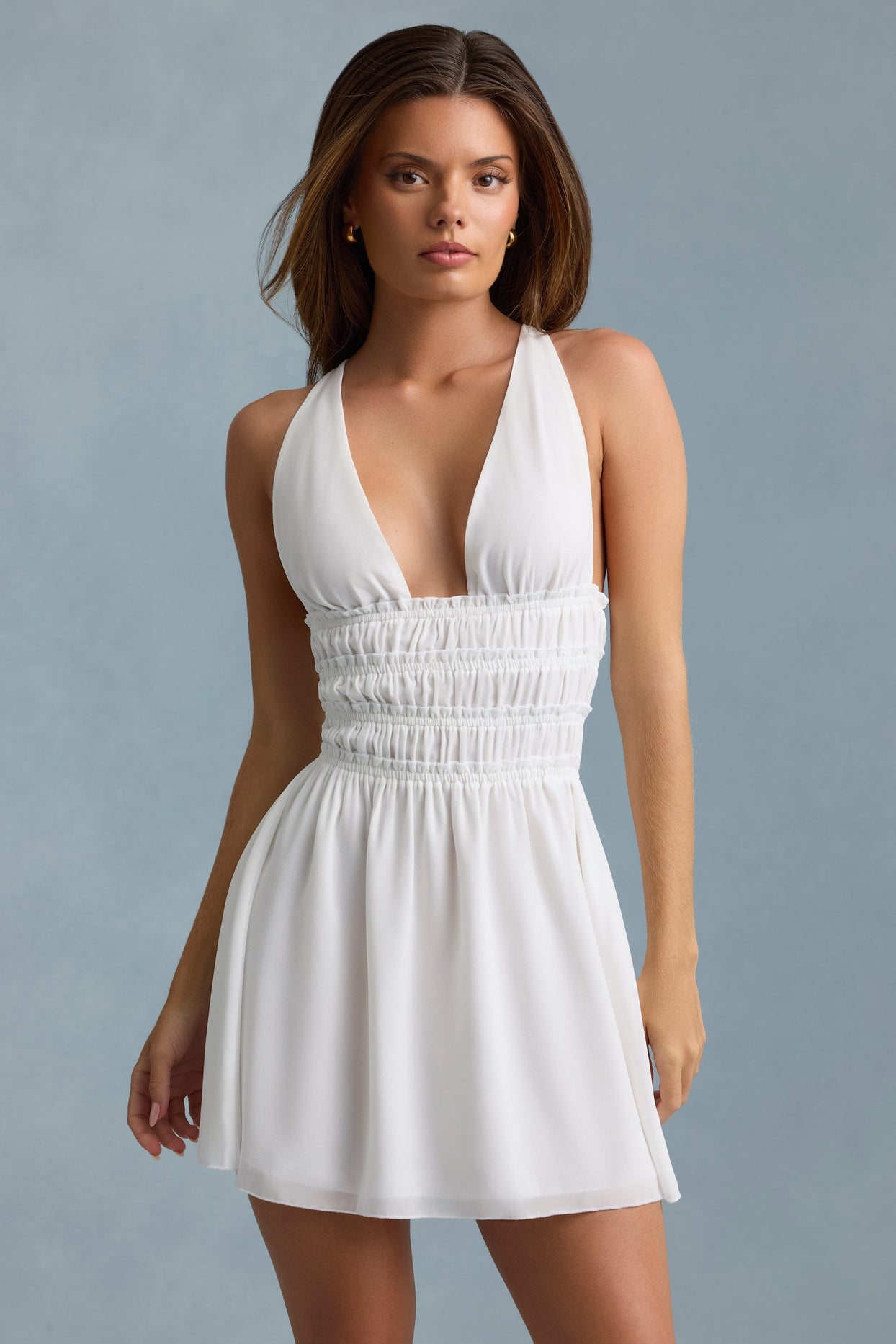 Plunge Cross-Back Mini Dress in White