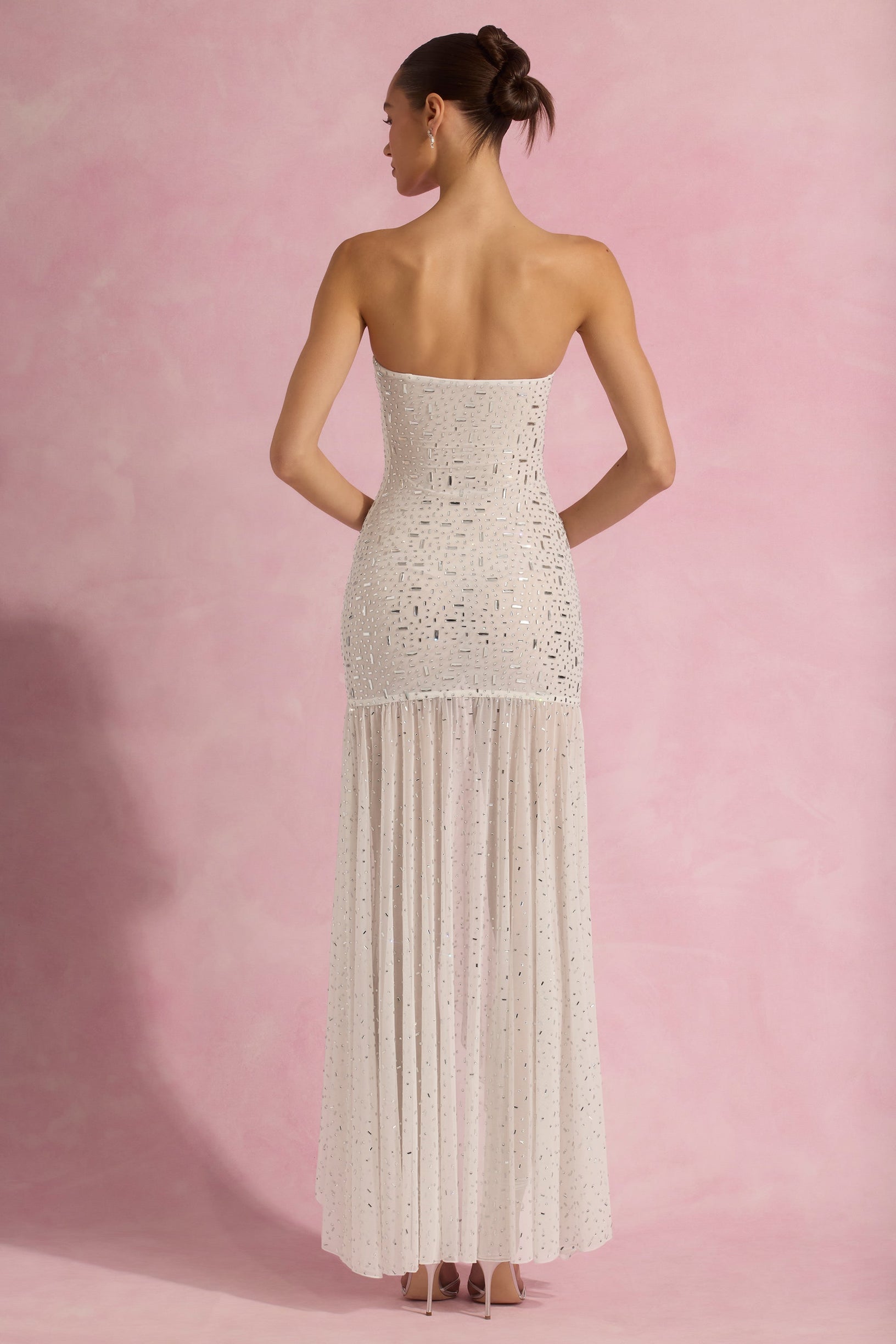 Semi-Sheer Embellished Asymmetric Maxi Dress in White - 2
