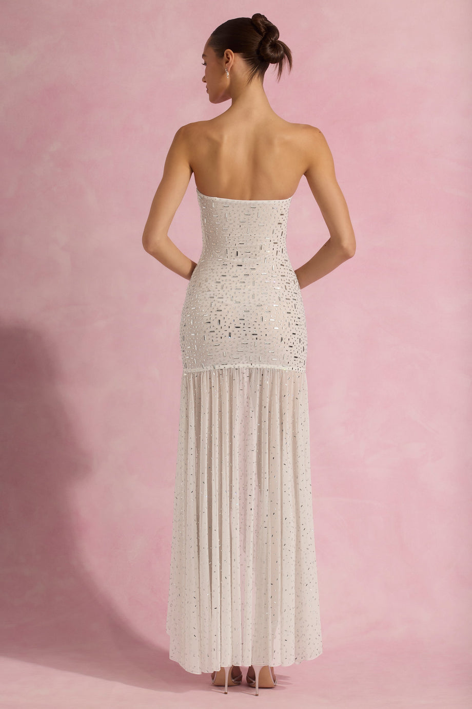 Semi-Sheer Embellished Asymmetric Maxi Dress in White