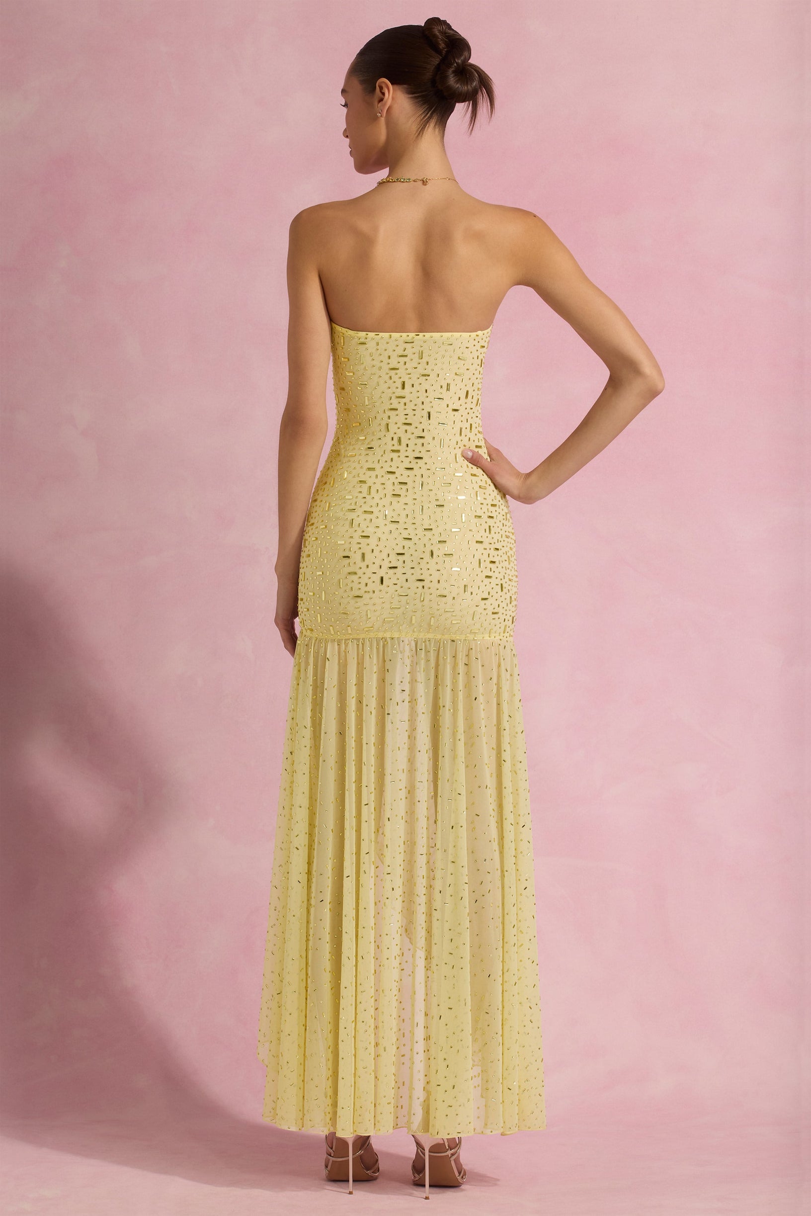 Semi-Sheer Embellished Asymmetric Maxi Dress in Yellow - 2