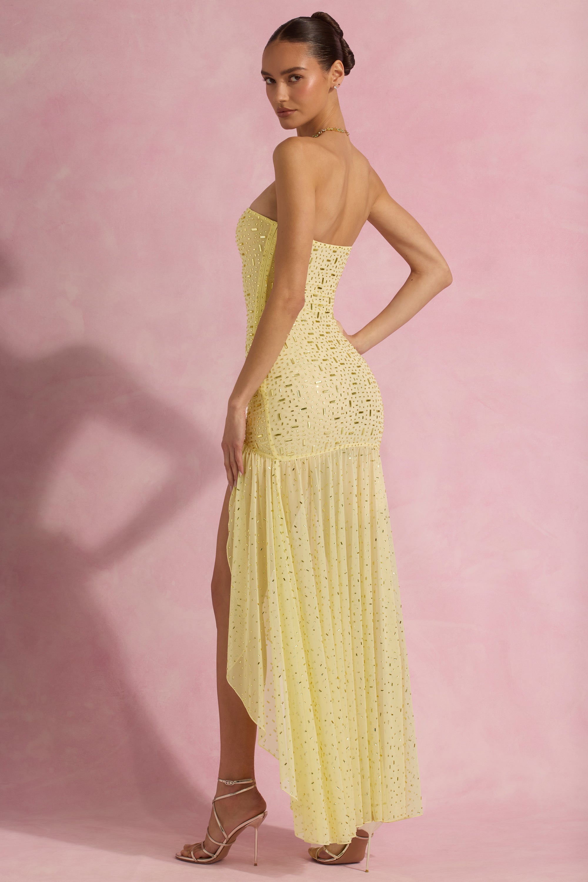 Semi-Sheer Embellished Asymmetric Maxi Dress in Yellow