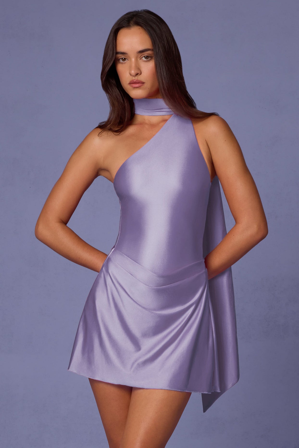 oh polly lilac satin dress Leotine Long Sleeve Godet Mini Dress in Blue Lavender Oh Polly UK