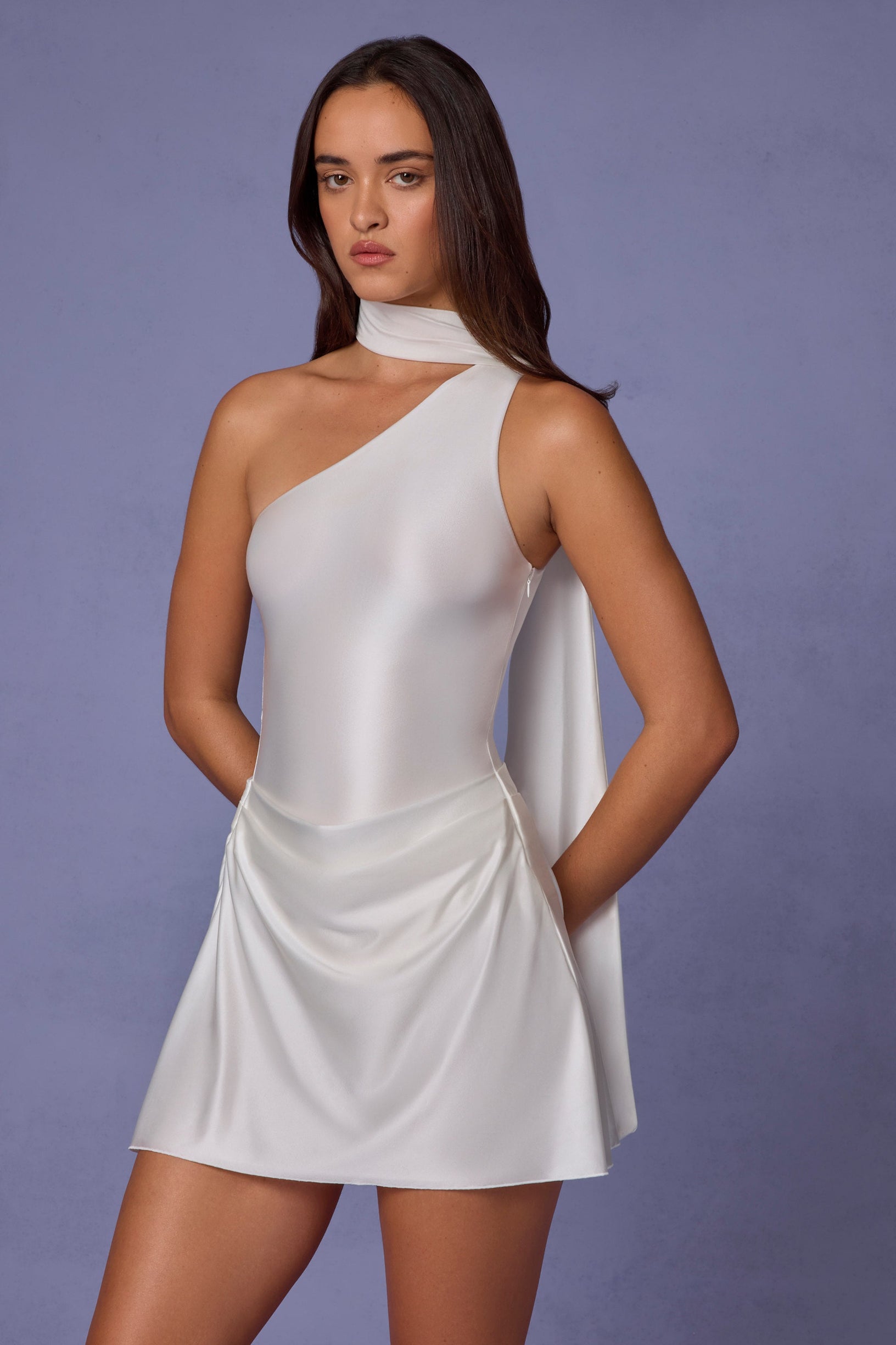 Asymmetric Scarf-Detail Mini Dress in White - 1