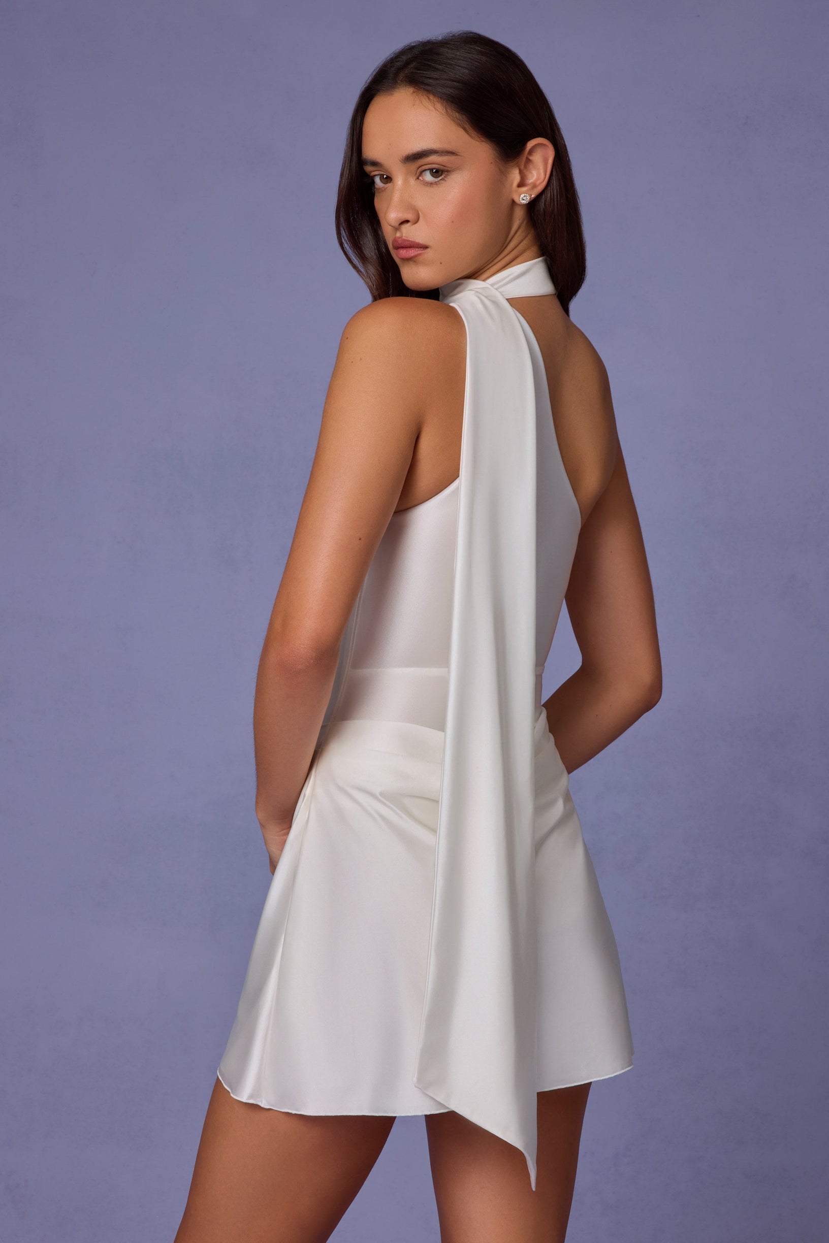 Asymmetric Scarf-Detail Mini Dress in White - 2