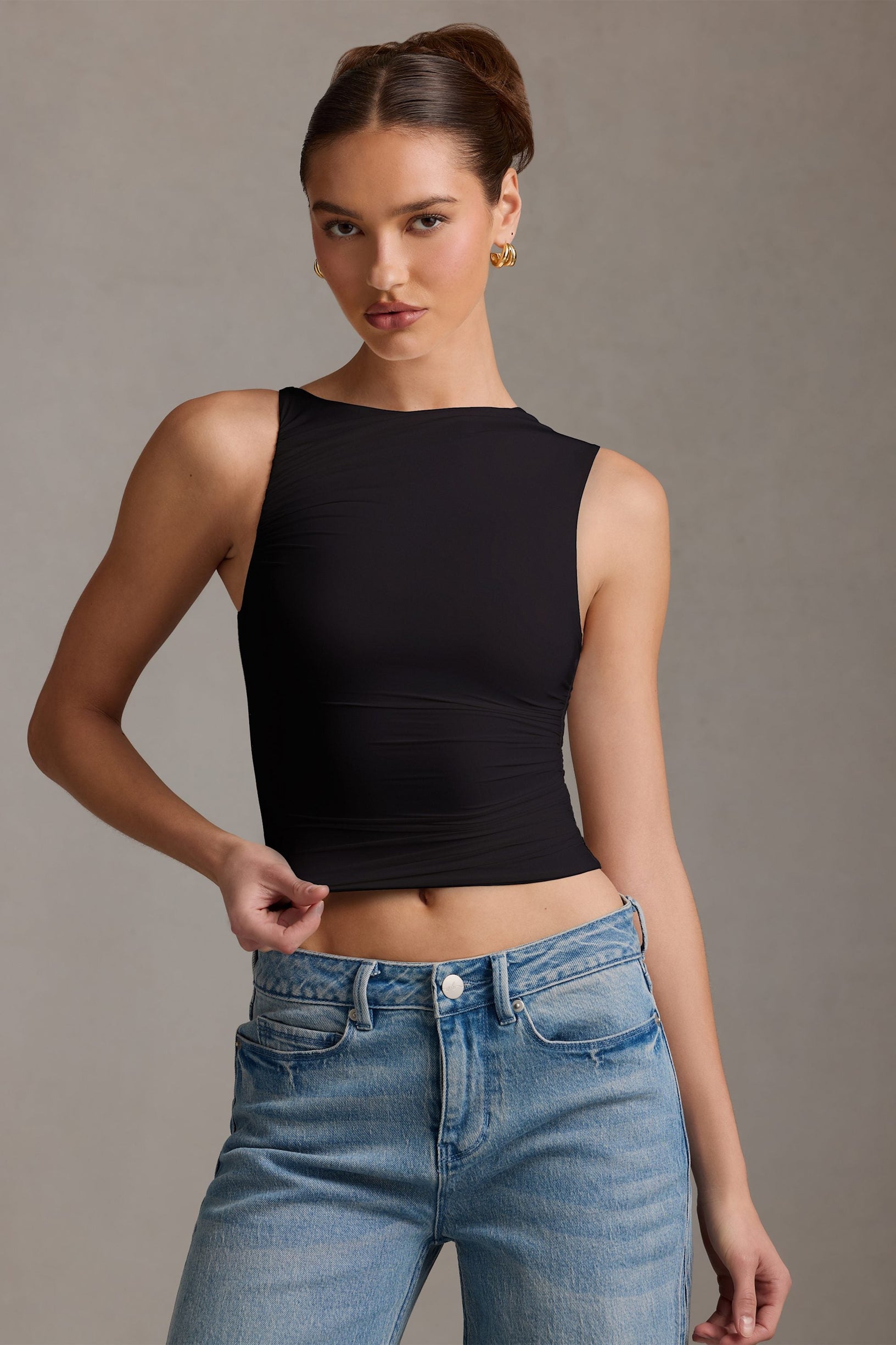 Asymmetric Ruched Tank Top in Black - 1