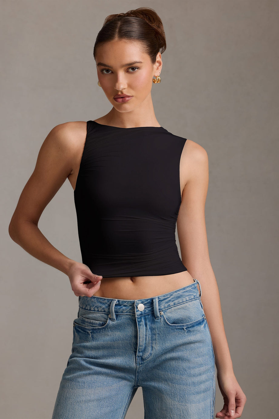 Asymmetric Ruched Tank Top in Black