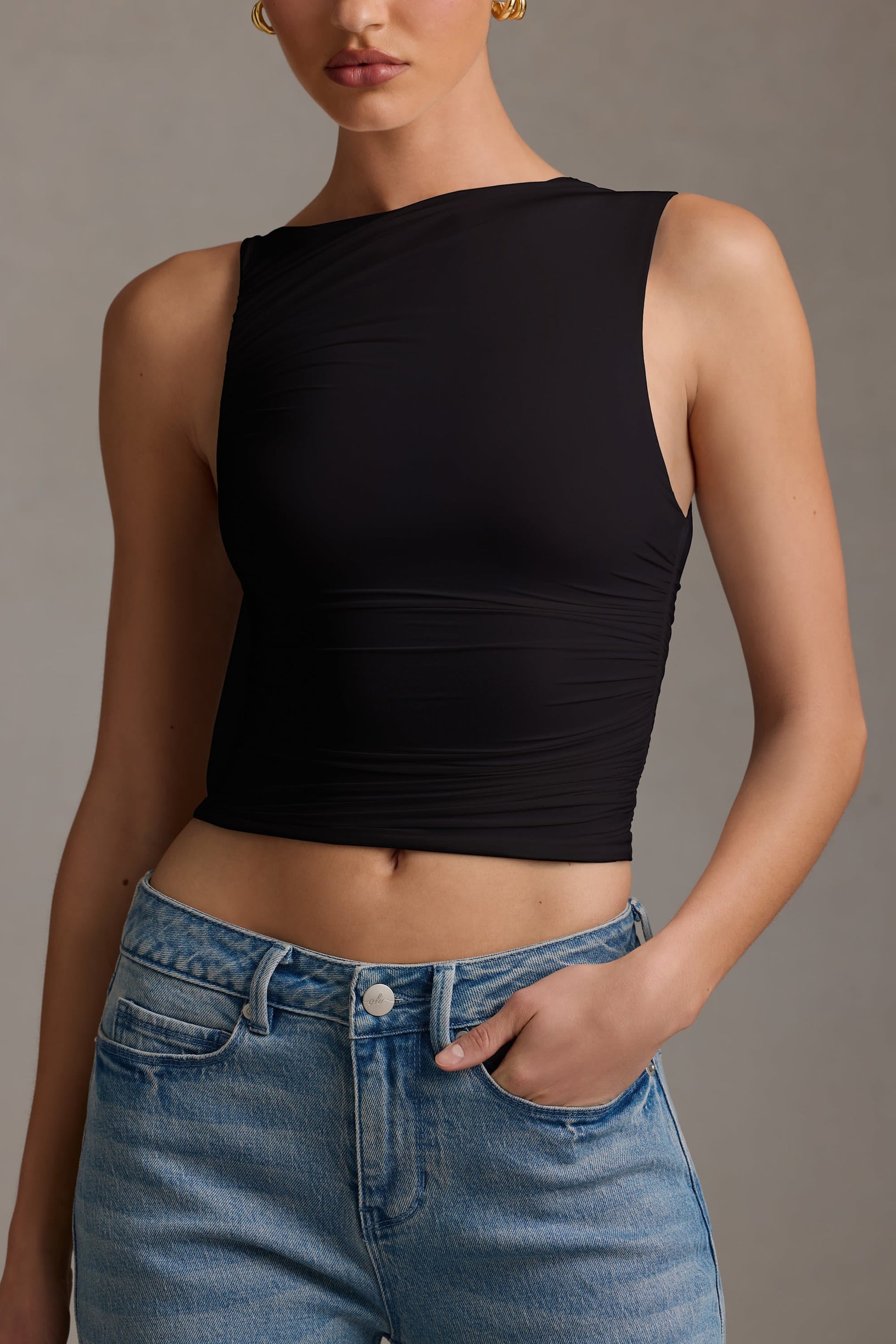 Asymmetric Ruched Tank Top in Black - 2