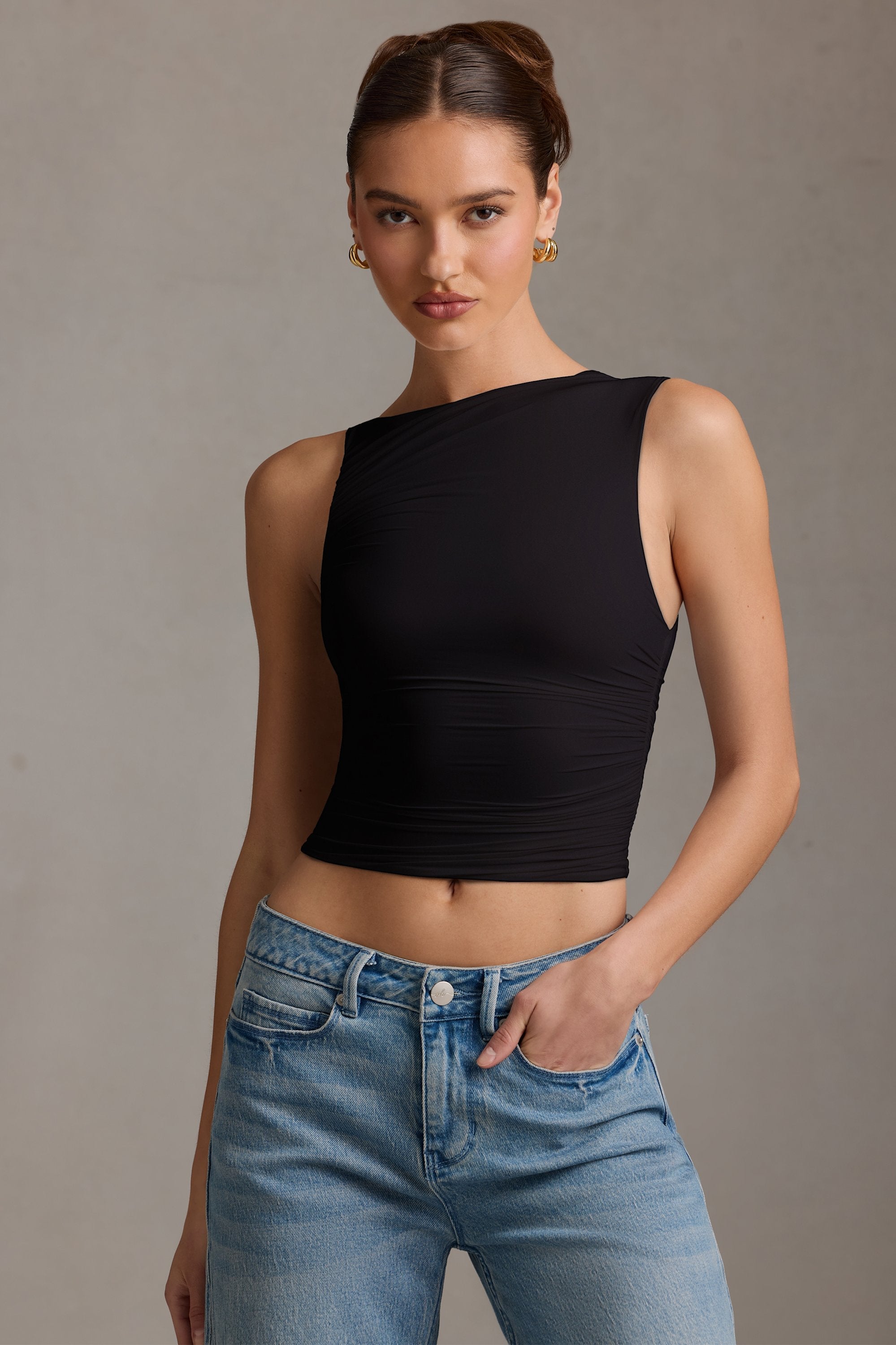 Asymmetric Ruched Tank Top in Black