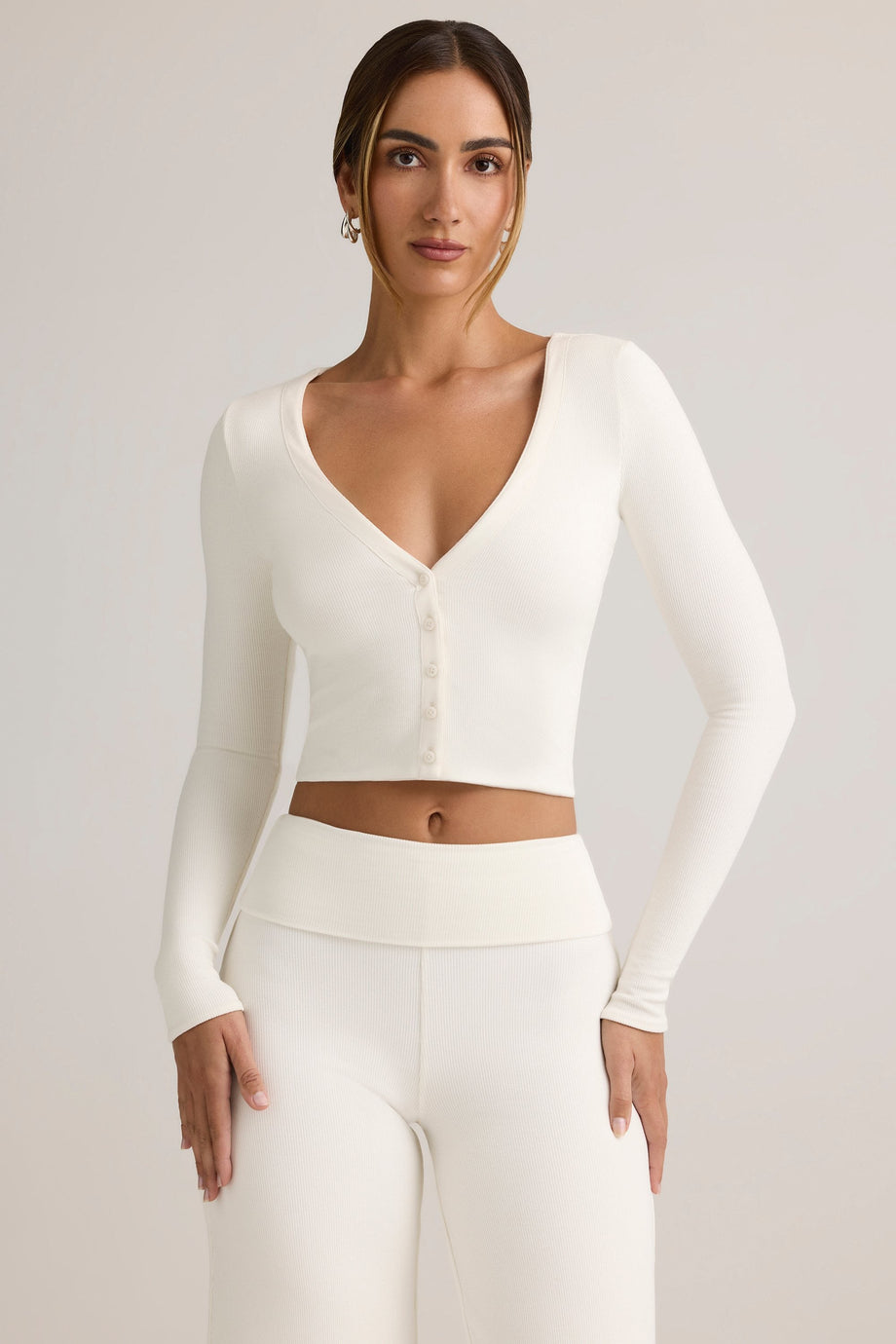 Modal Ribbed Cropped Cardigan in White