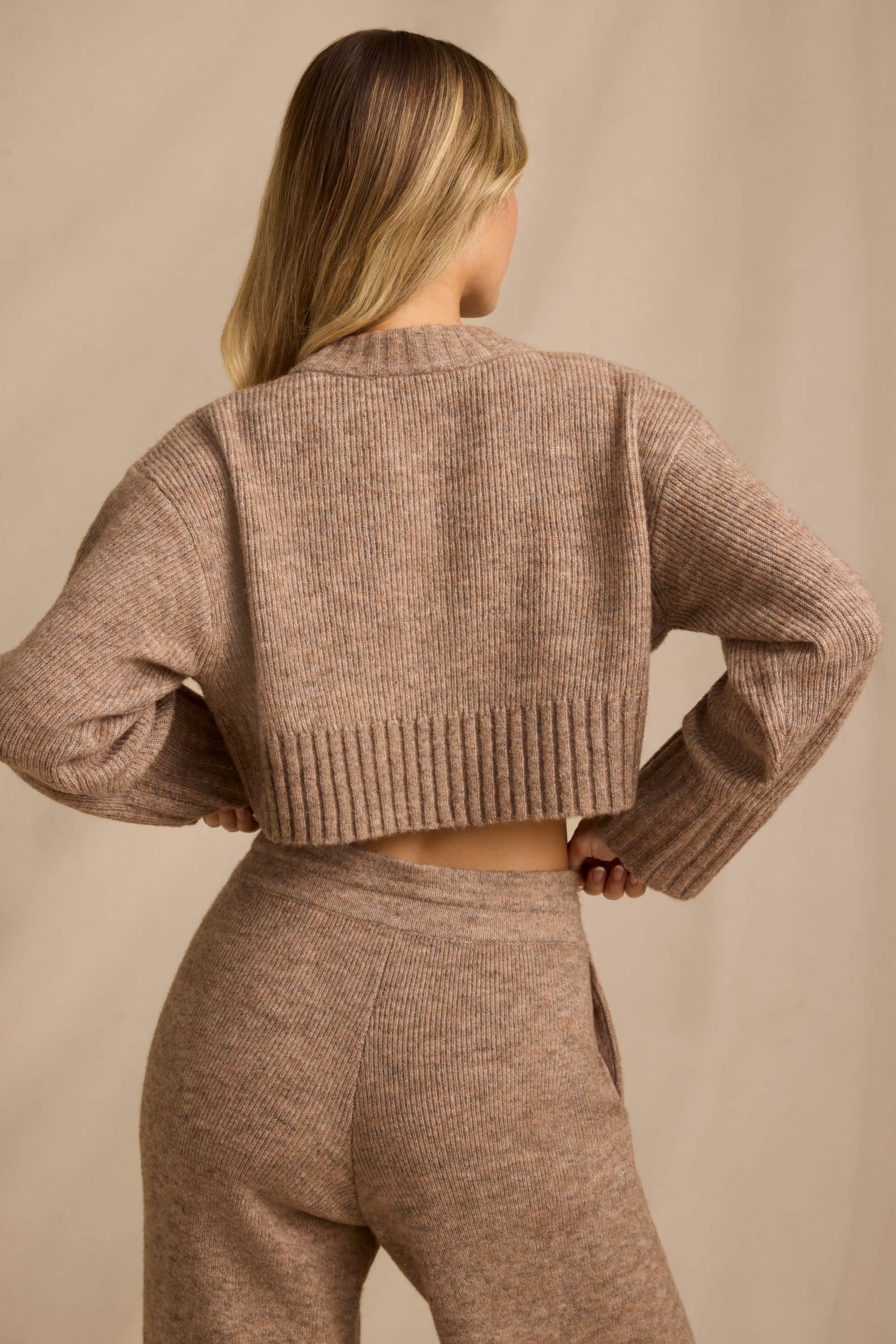 Ribbed Knit Cropped Jumper in Brown Marl