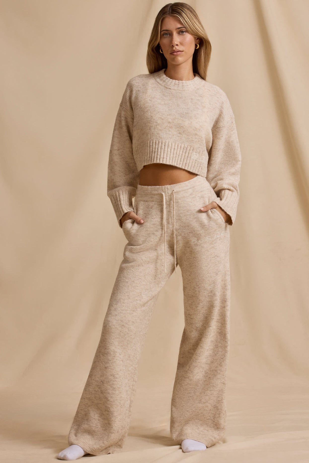 Mid-Rise Wide-Leg Joggers in Cream Marl