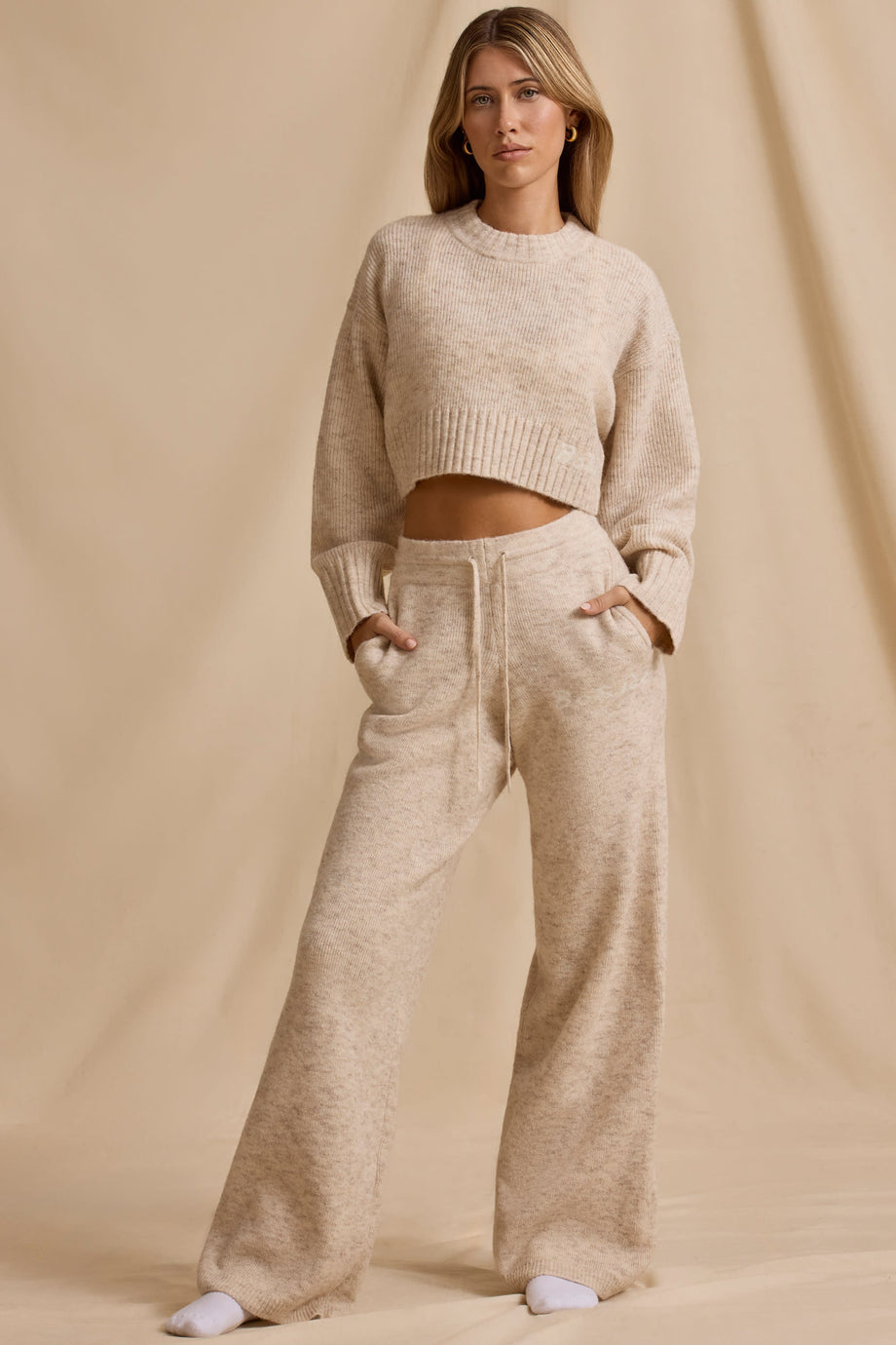 Ribbed Knit Mid-Rise Wide-Leg Joggers in Cream Marl
