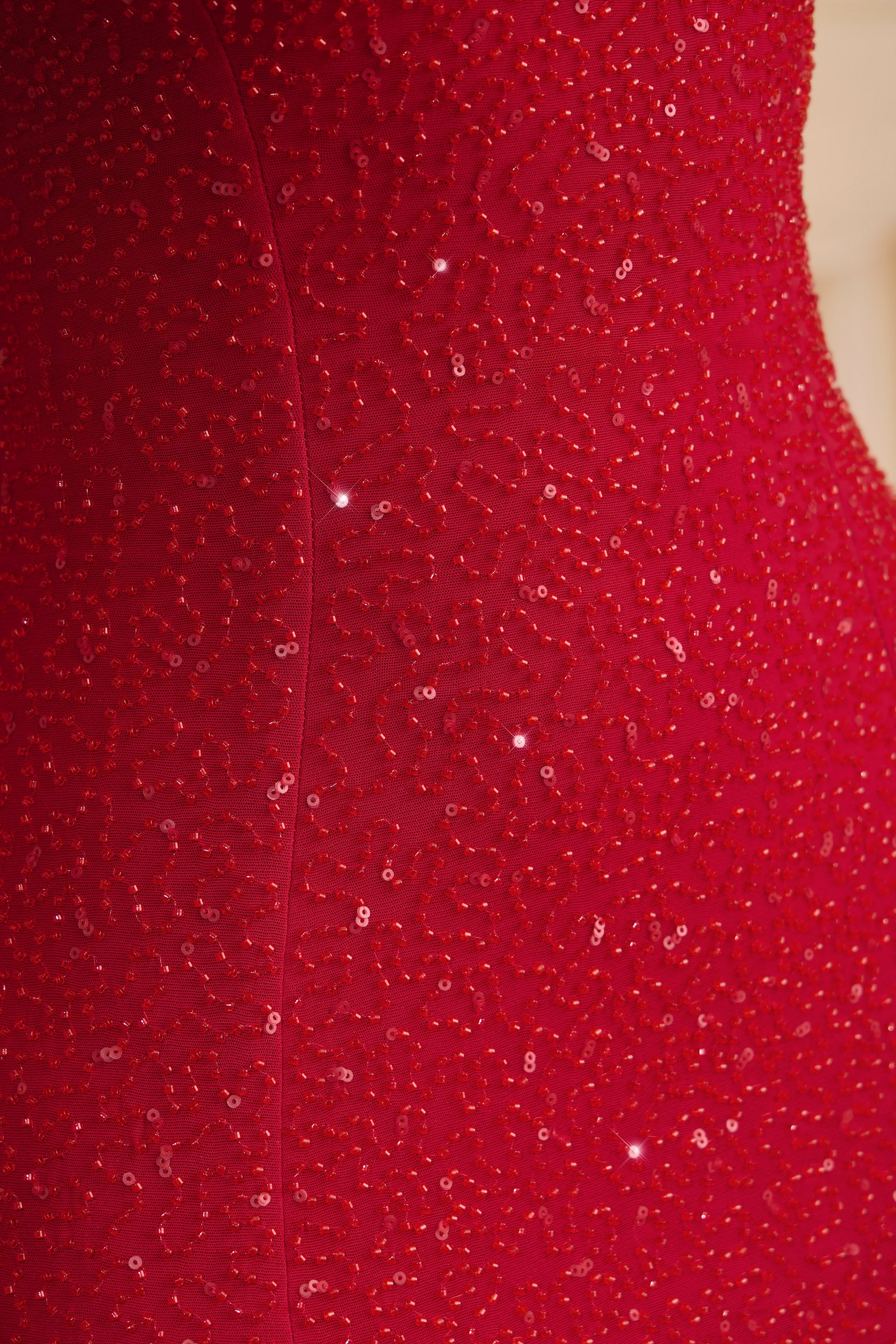 Embellished Strapless Cowl-Neck Maxi Dress in Rouge