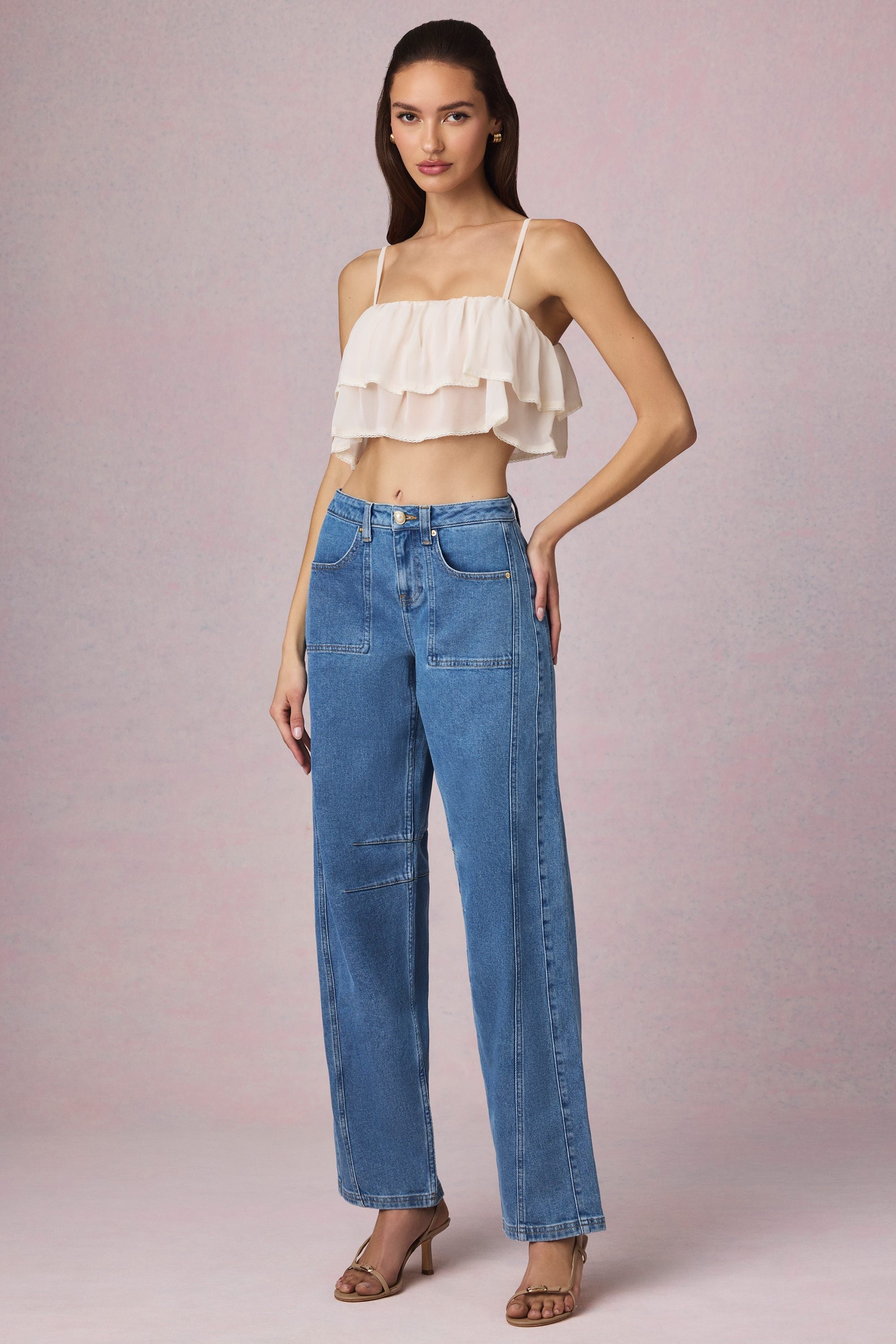 Ruffled Cropped Camisole Top in Ivory