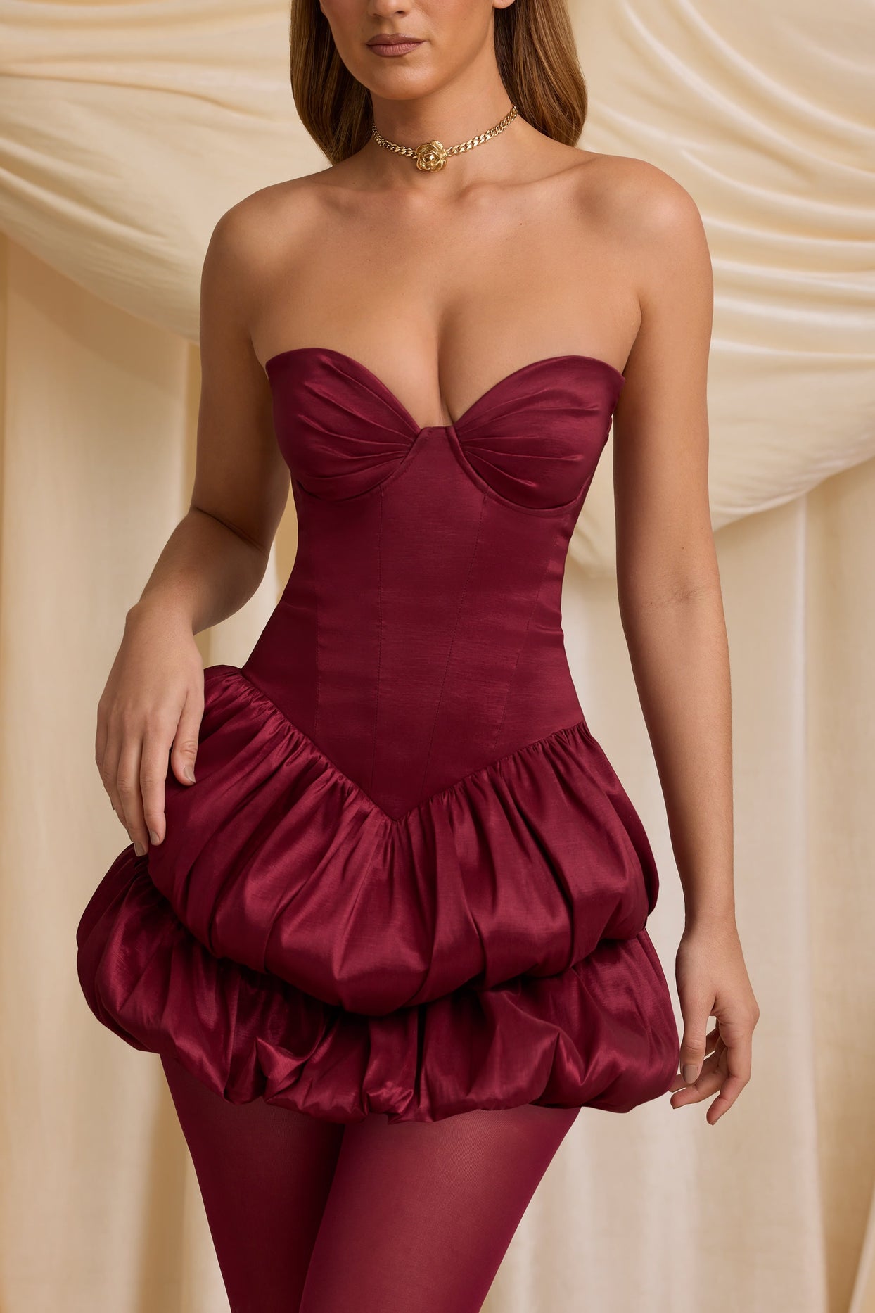 Layered Bubble Hem Corset Mini Dress in Wine Red