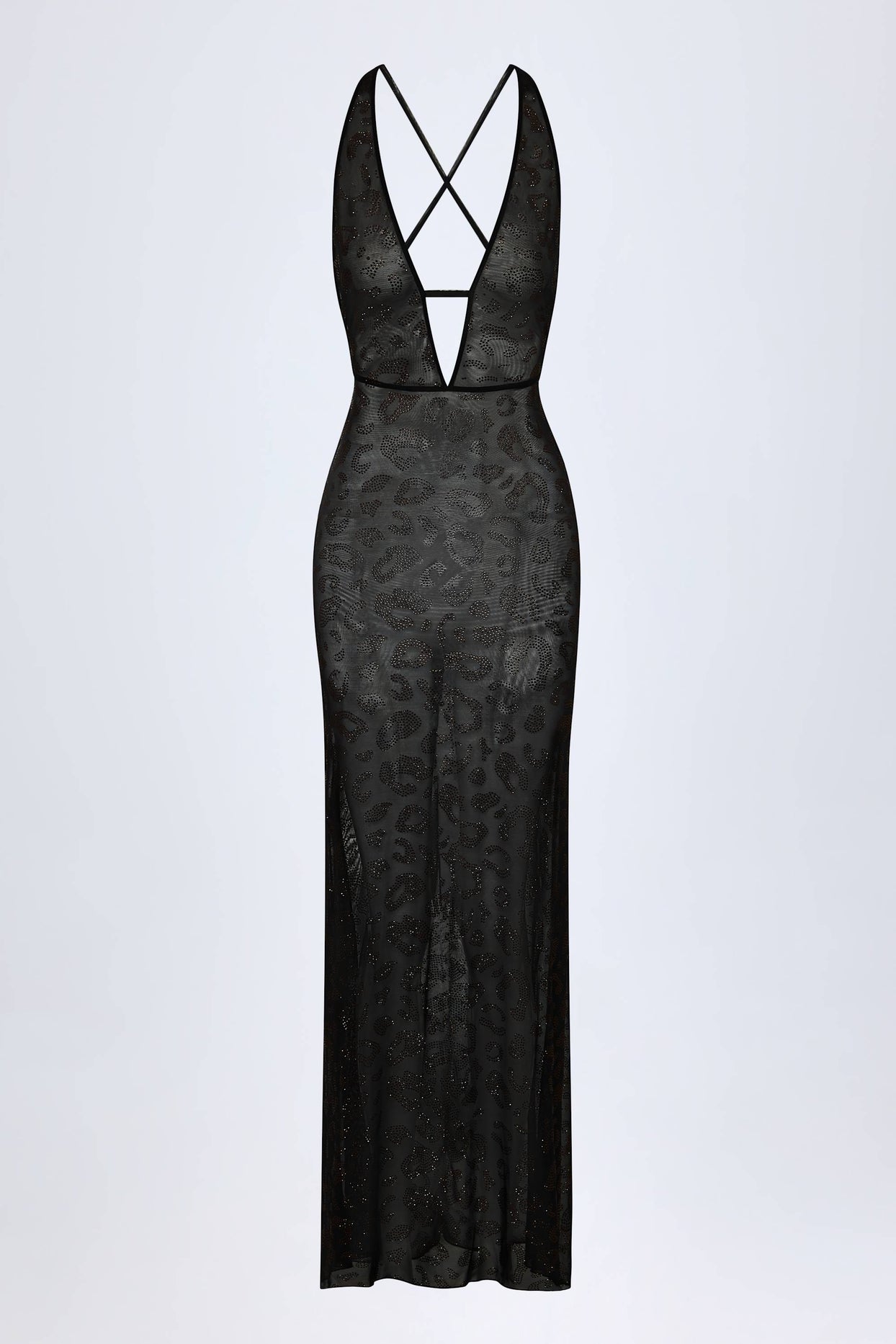 Embellished Backless Maxi Dress in Black Leopard Hotfix
