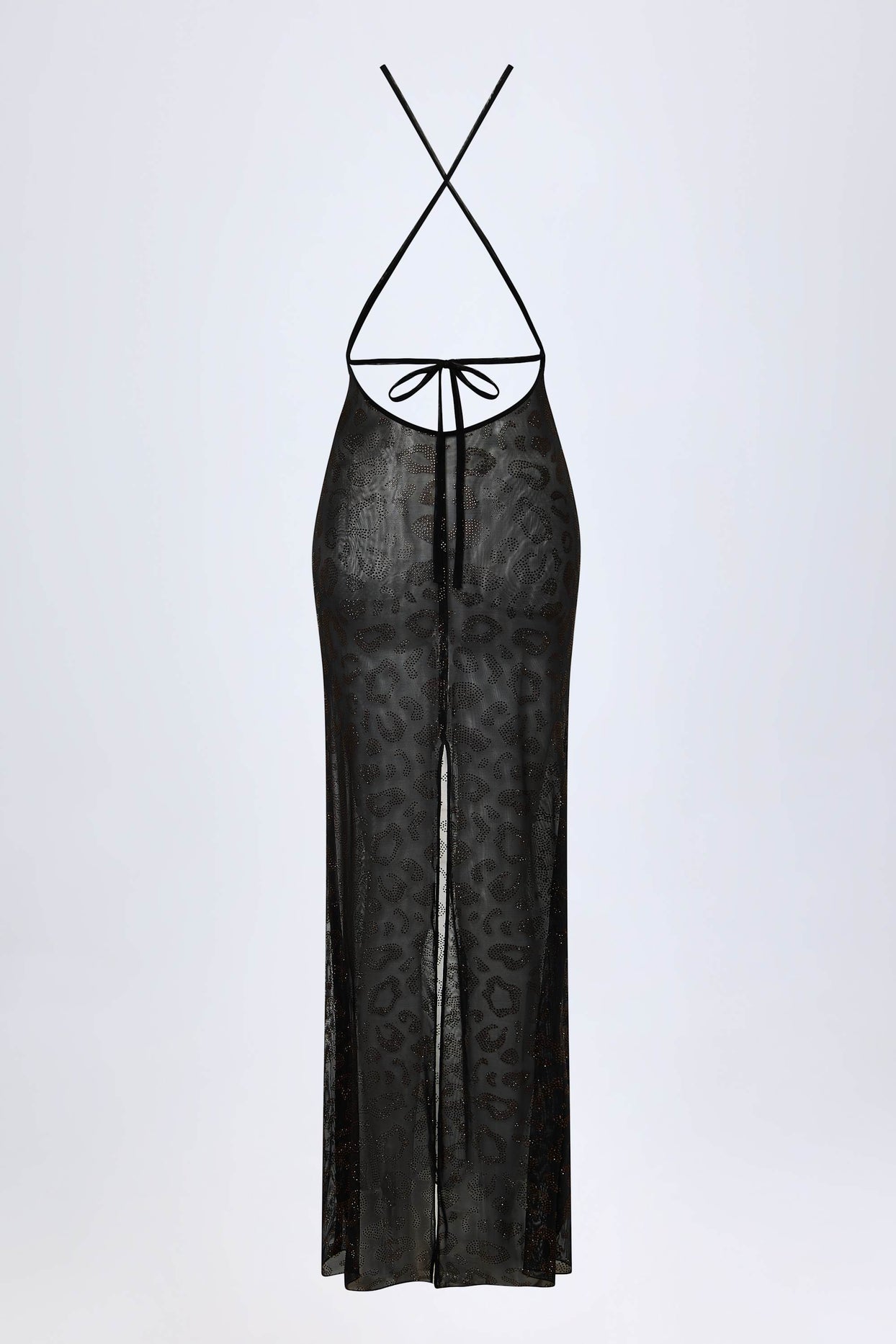 Embellished Backless Maxi Dress in Black Leopard Hotfix
