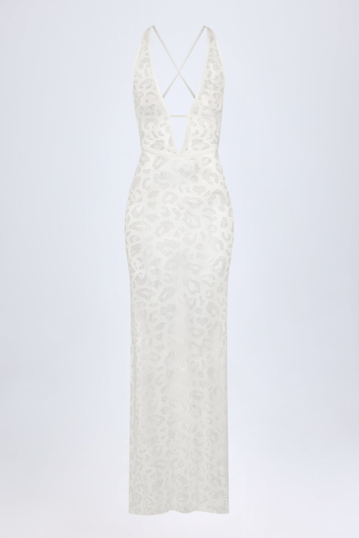 Embellished Backless Maxi Dress in White Leopard Hotfix