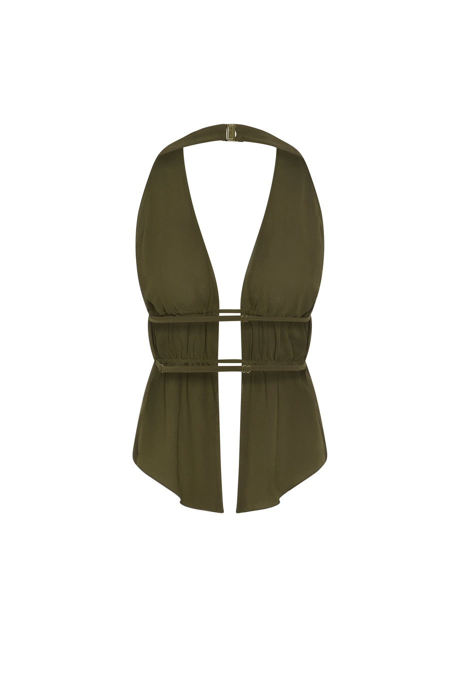 Cut-Out Semi-Sheer Ruched Halterneck Crop Top in Dark Khaki