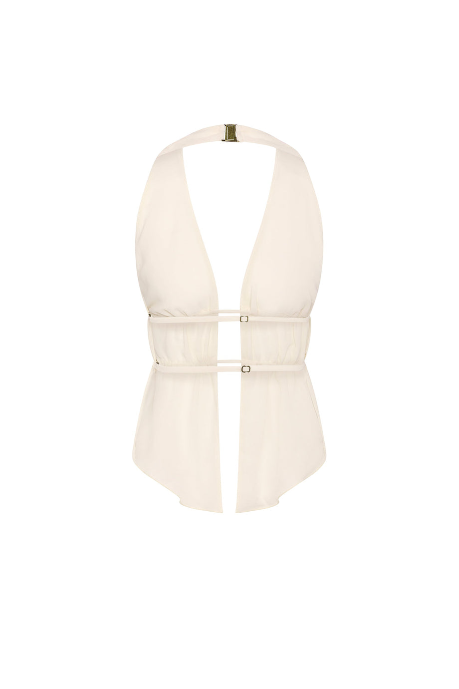 Cut-Out Semi-Sheer Ruched Halterneck Crop Top in Ivory
