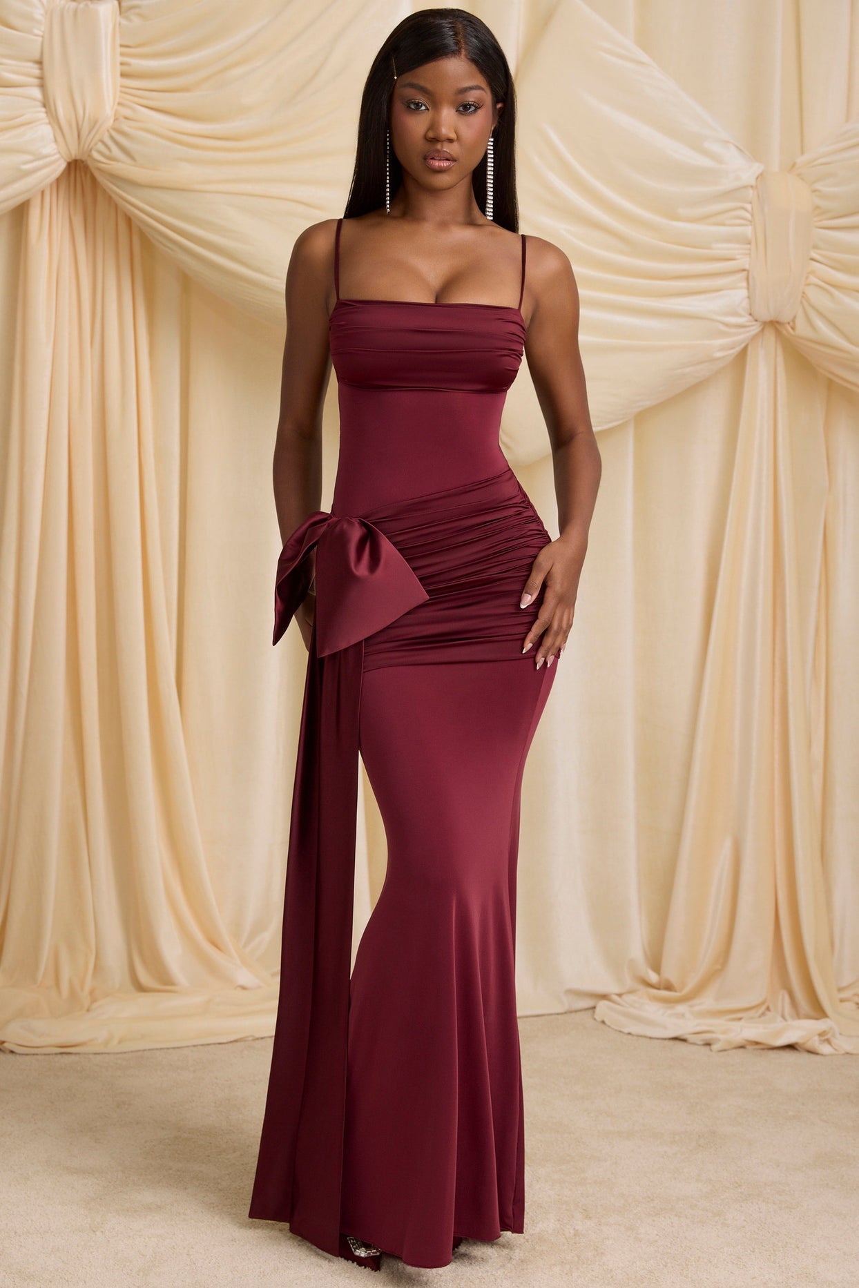 Bow-Detail Ruched Maxi Dress in Wine Red