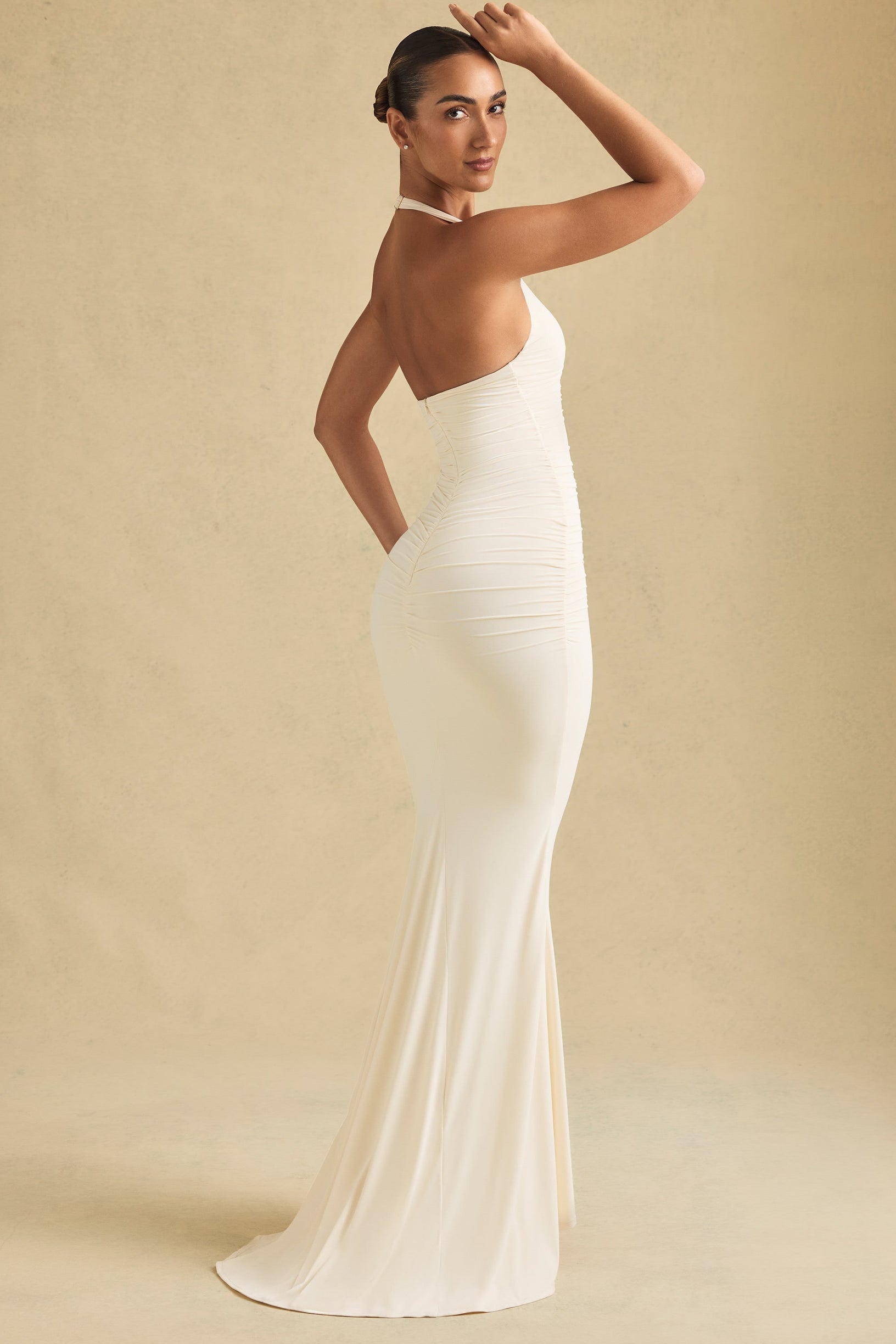 Ruched Backless Halterneck Gown in Ivory - 2