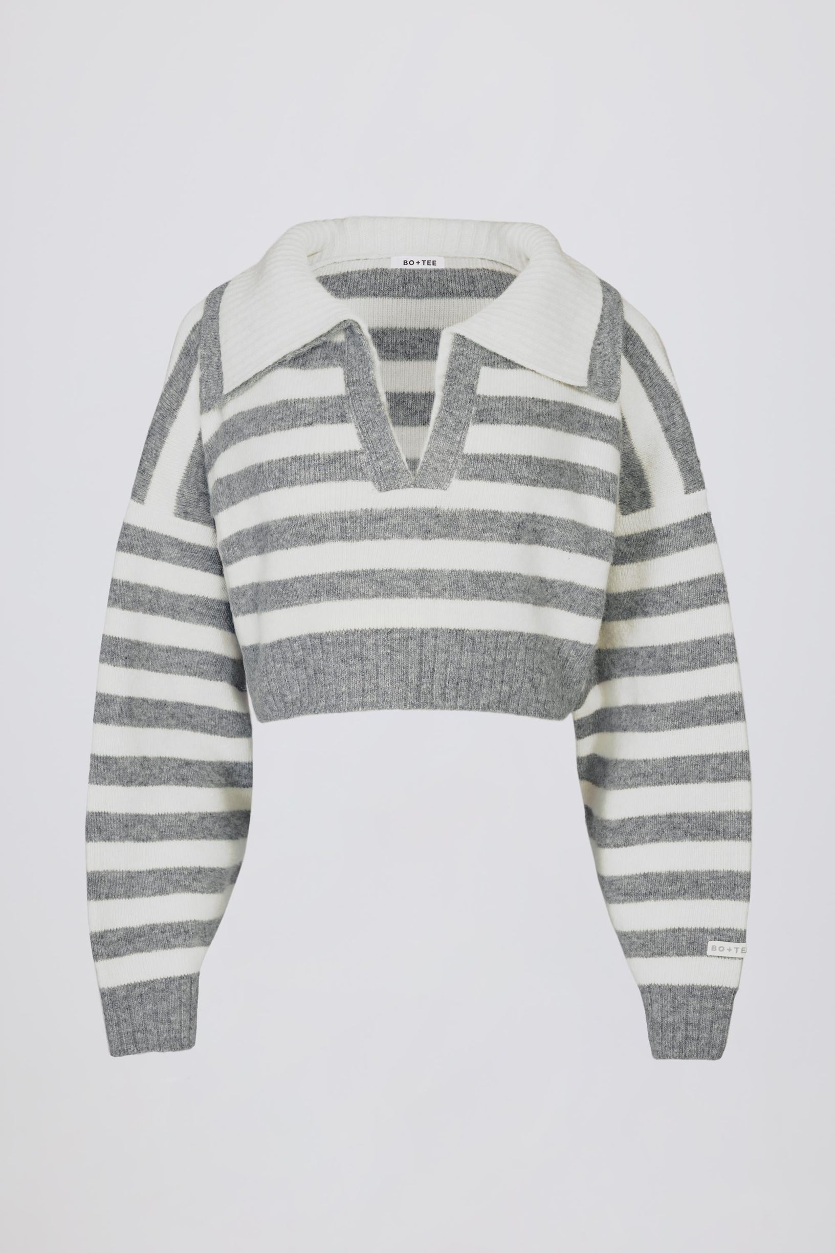 Soft Knit Layered Collar Cropped Jumper in Grey Stripe - 1