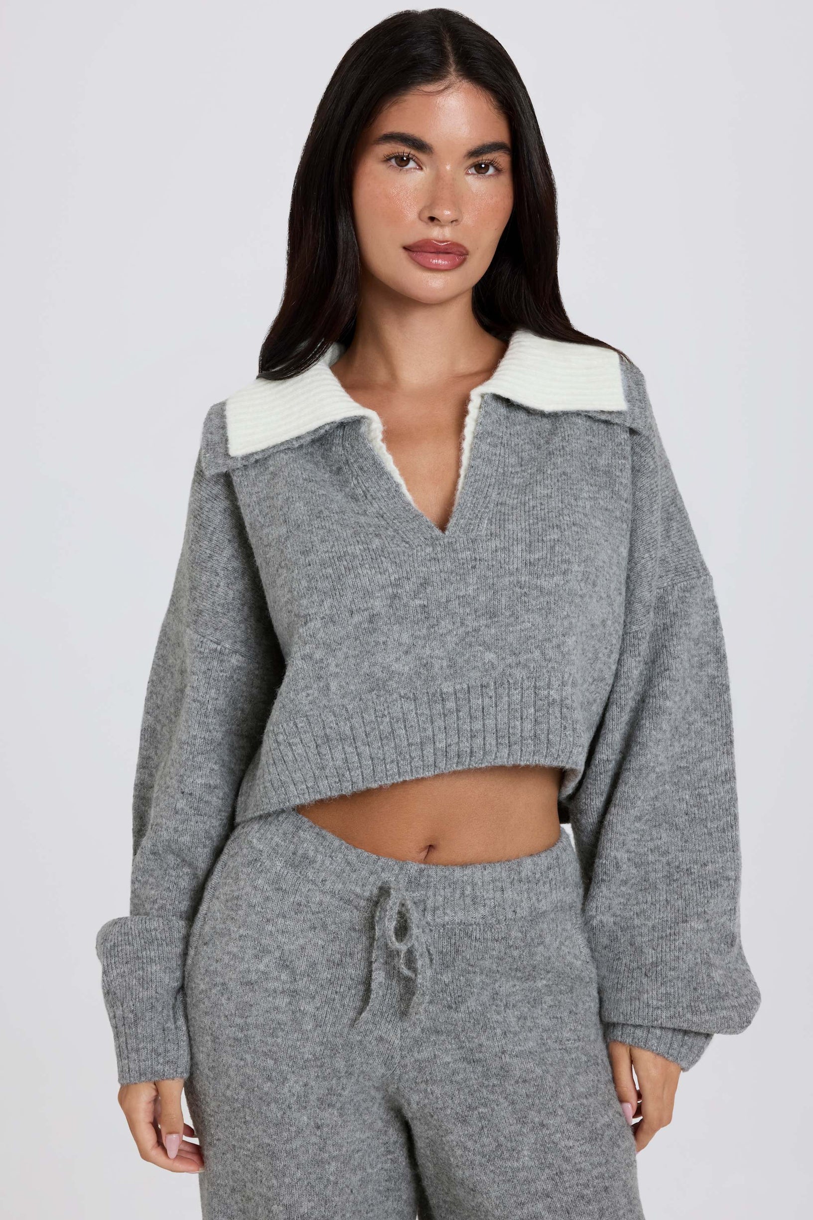 Soft Knit Layered Collar Cropped Jumper in Grey - 2
