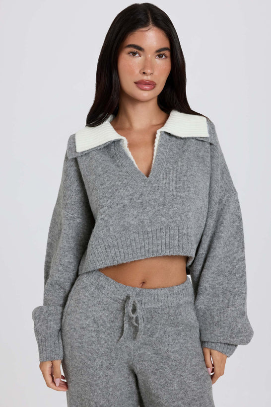 Layered Collar Cropped Knit Jumper in Grey