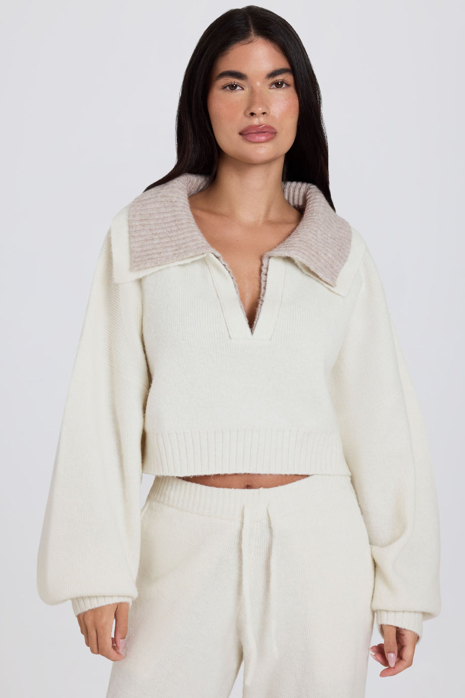 Layered Collar Cropped Knit Jumper in Ivory