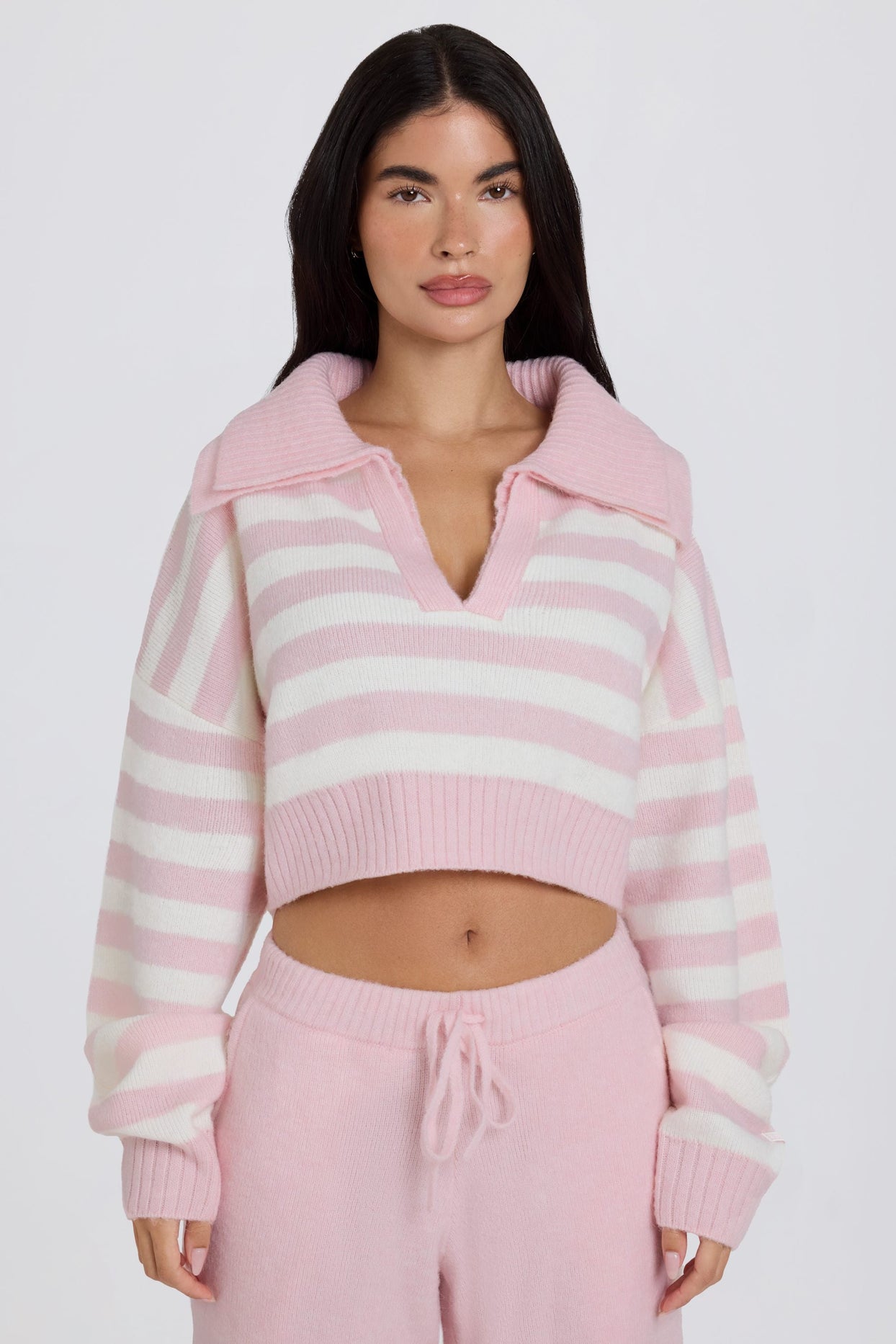 Layered Collar Cropped Knit Jumper in Pink Stripe