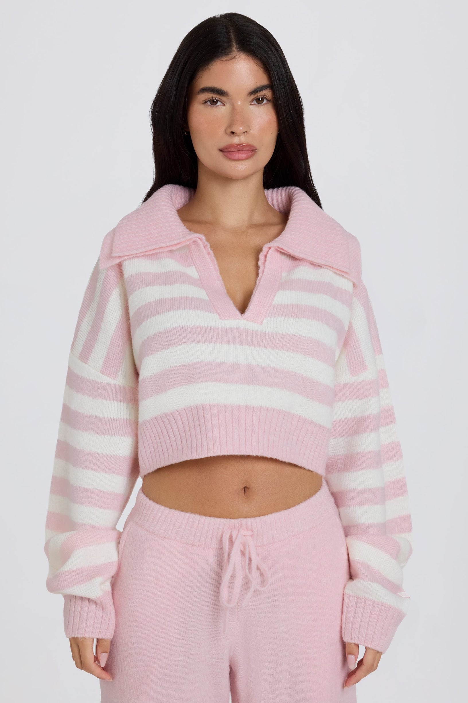 Soft Knit Layered Collar Cropped Jumper in Pink Stripe - 2