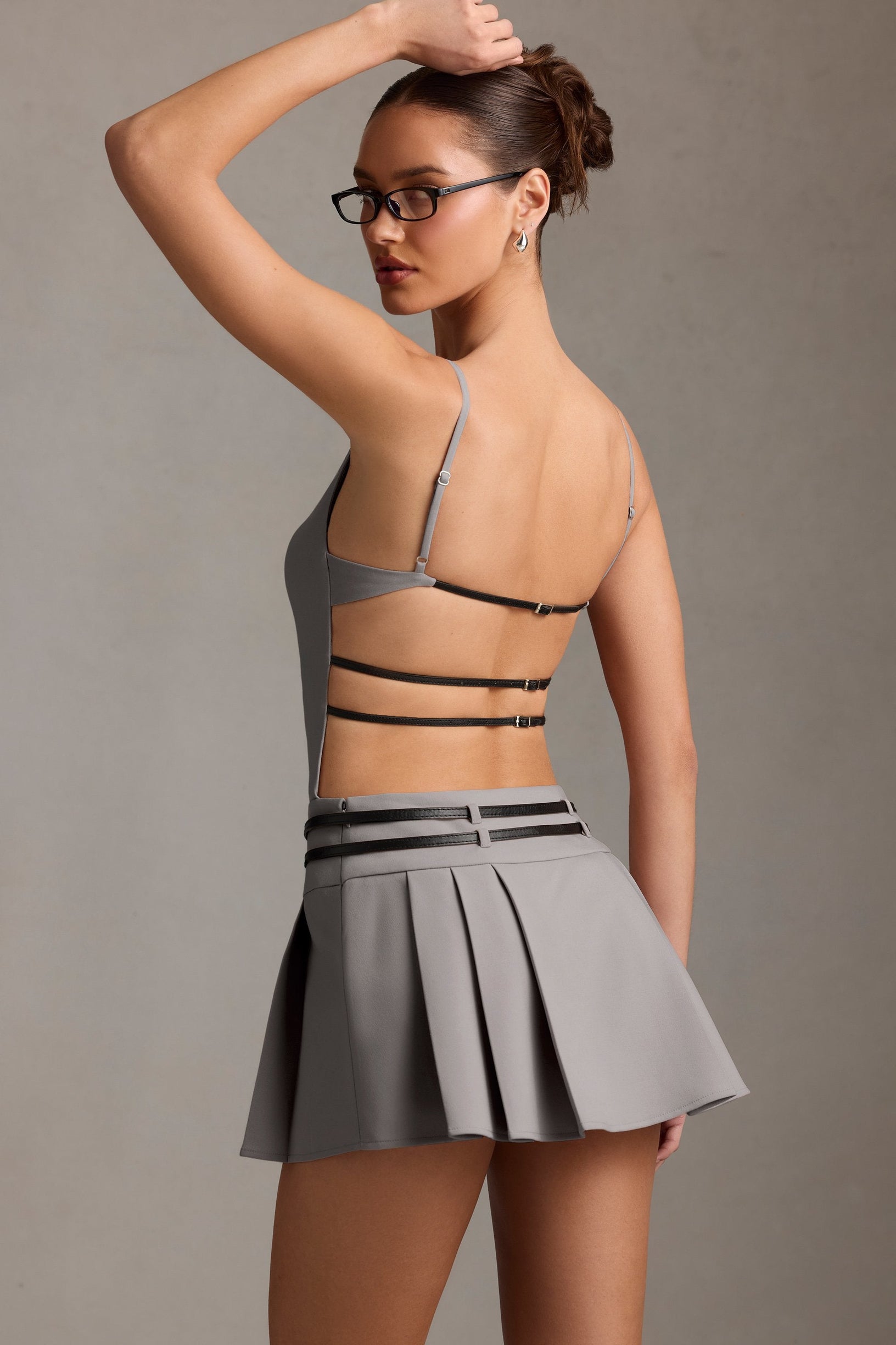 Belted Backless Pleated Mini Dress in Grey - 2