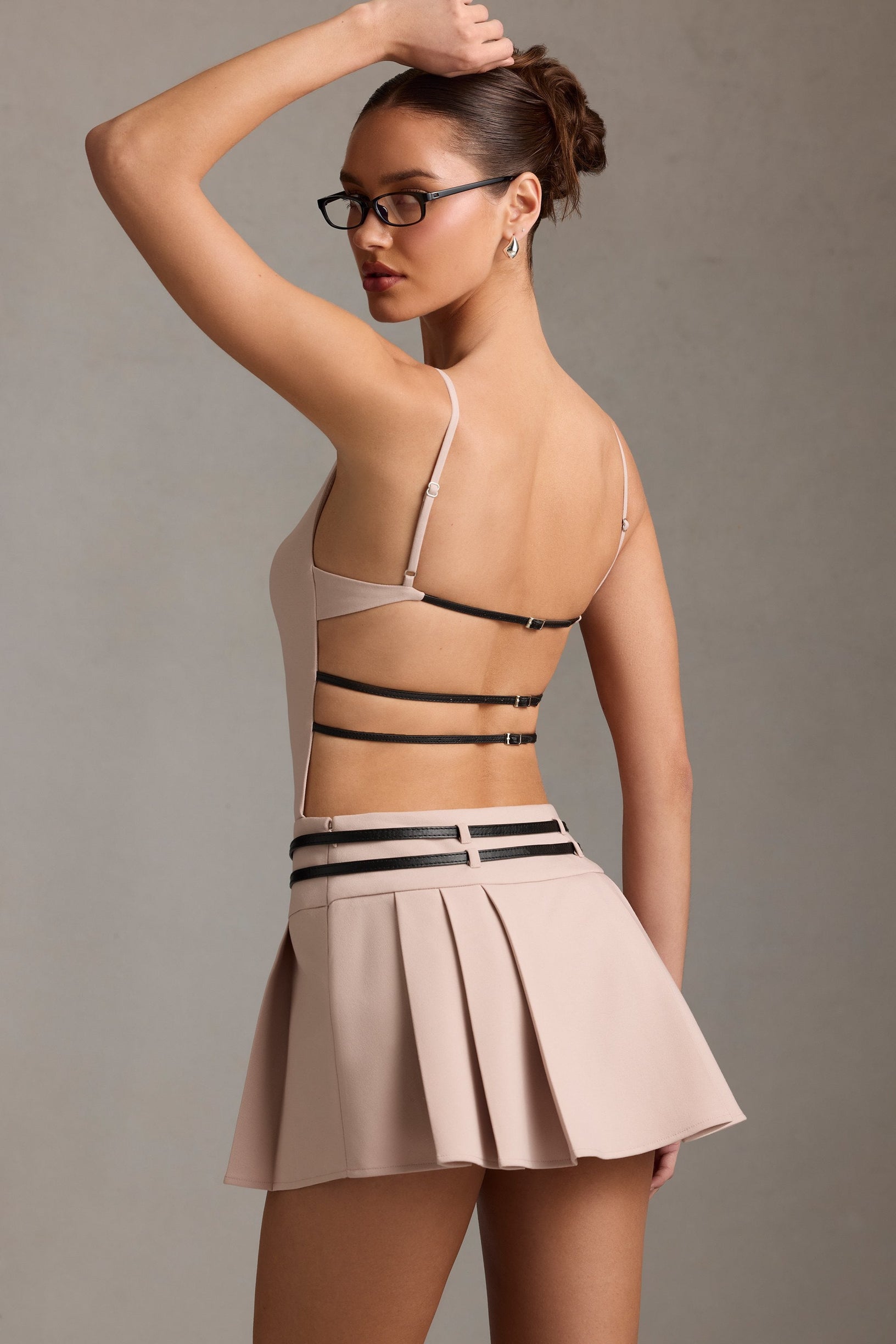 Belted Backless Pleated Mini Dress in Mushroom - 2