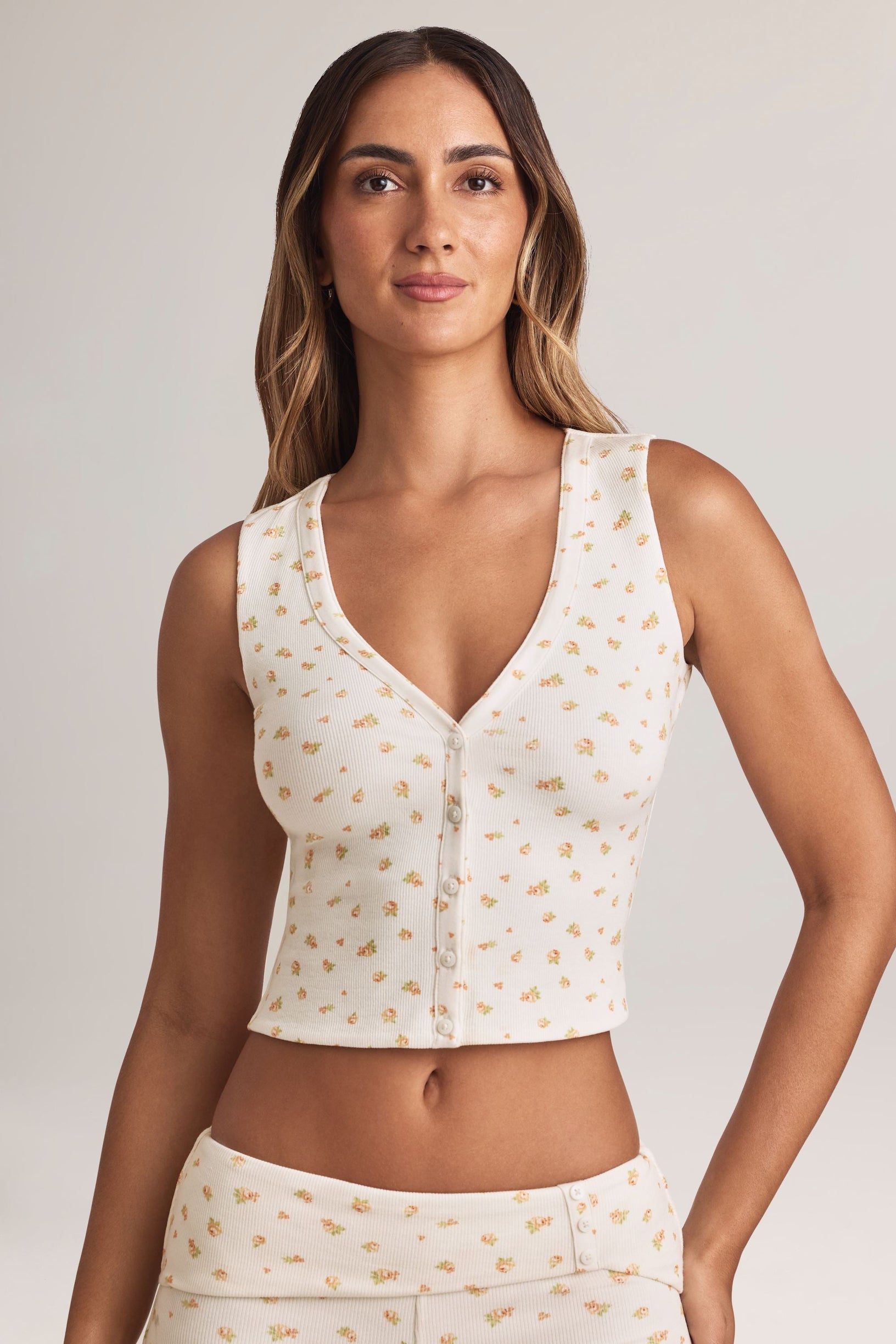 Modal Ribbed Button-Up Vest Top in Floral Print - 1