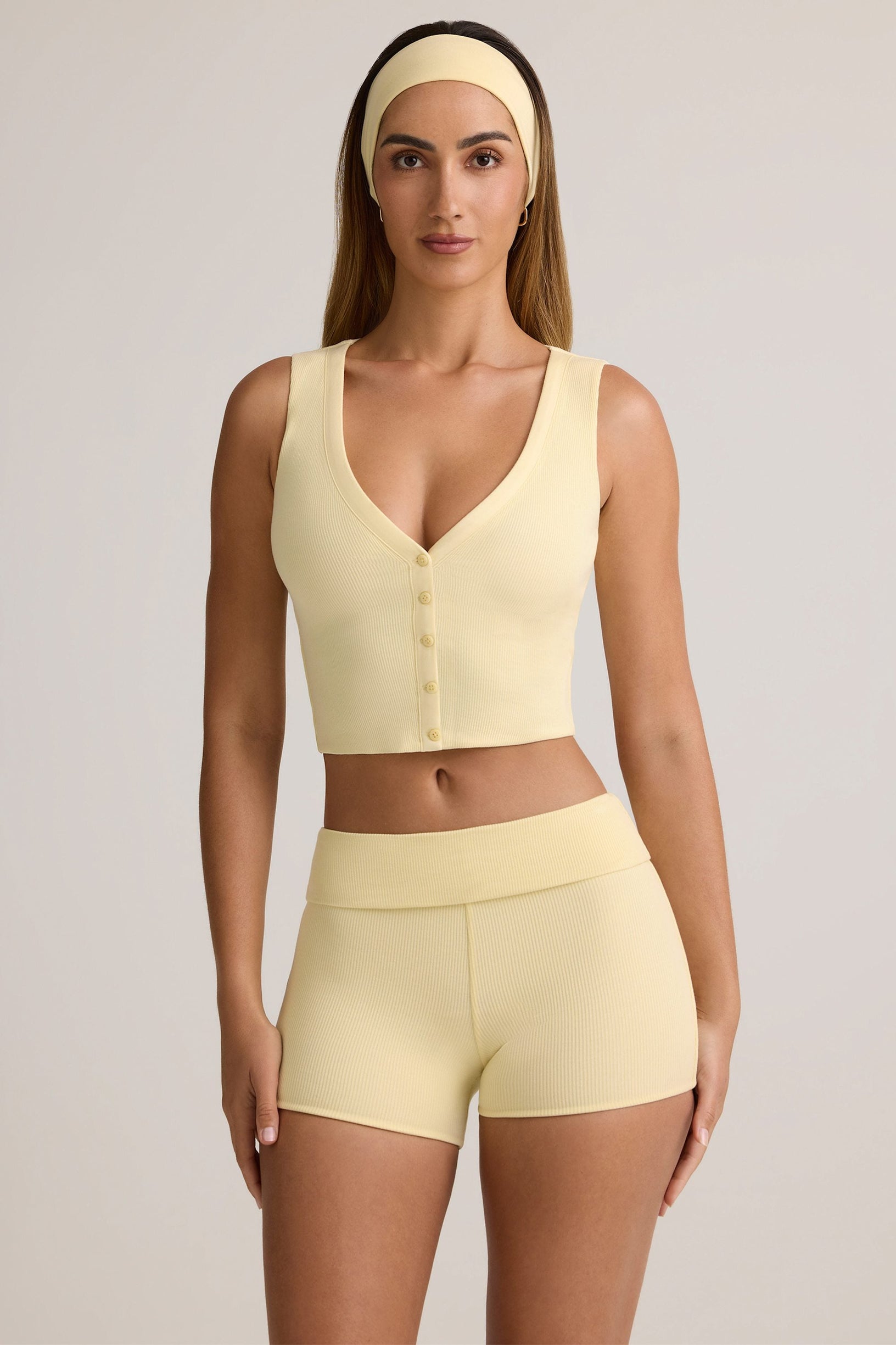 Modal Ribbed Button-Up Vest Top in Buttercream Yellow - 1