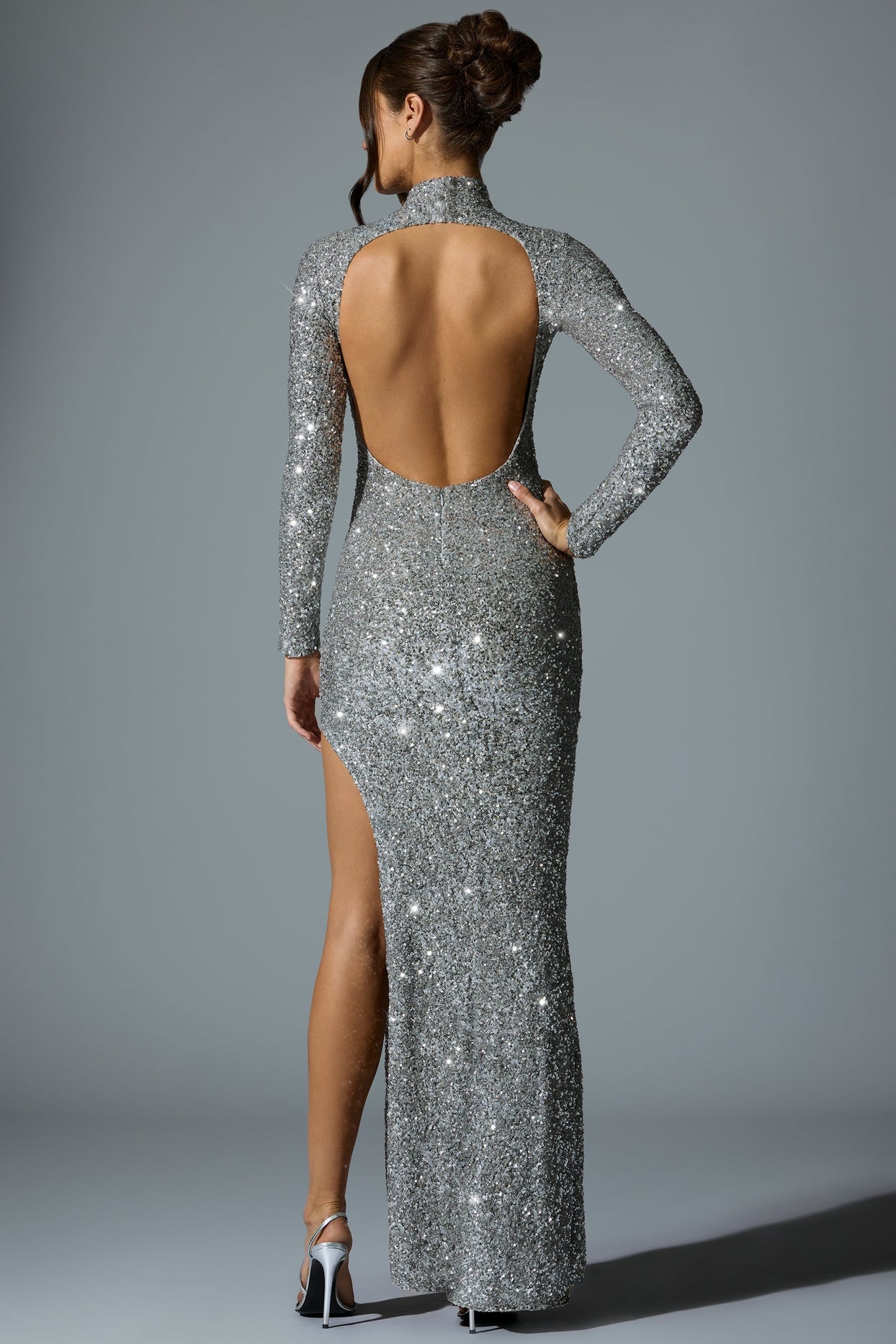 Embellished Open-Back Gown in Silver