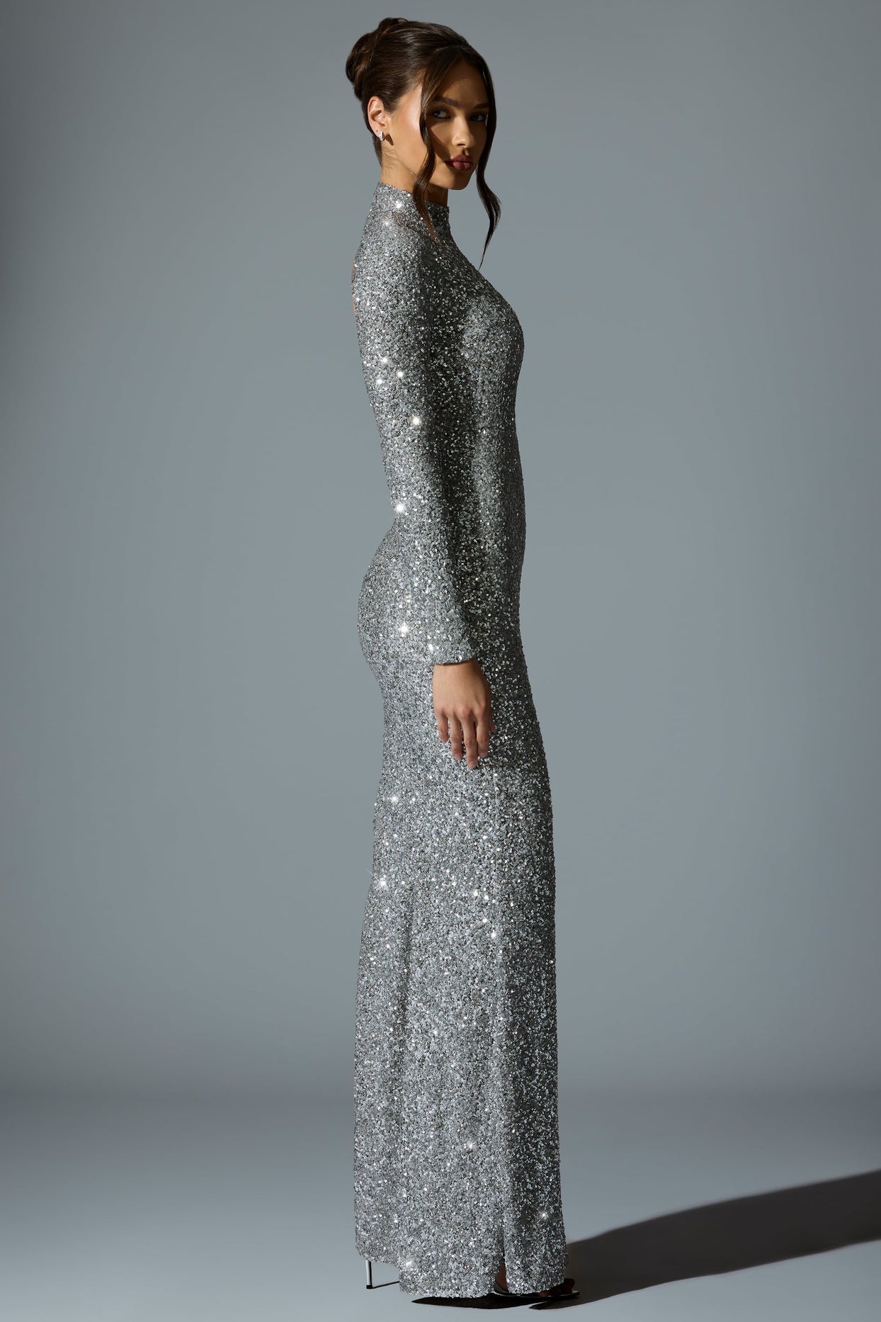 Embellished Open-Back Gown in Silver