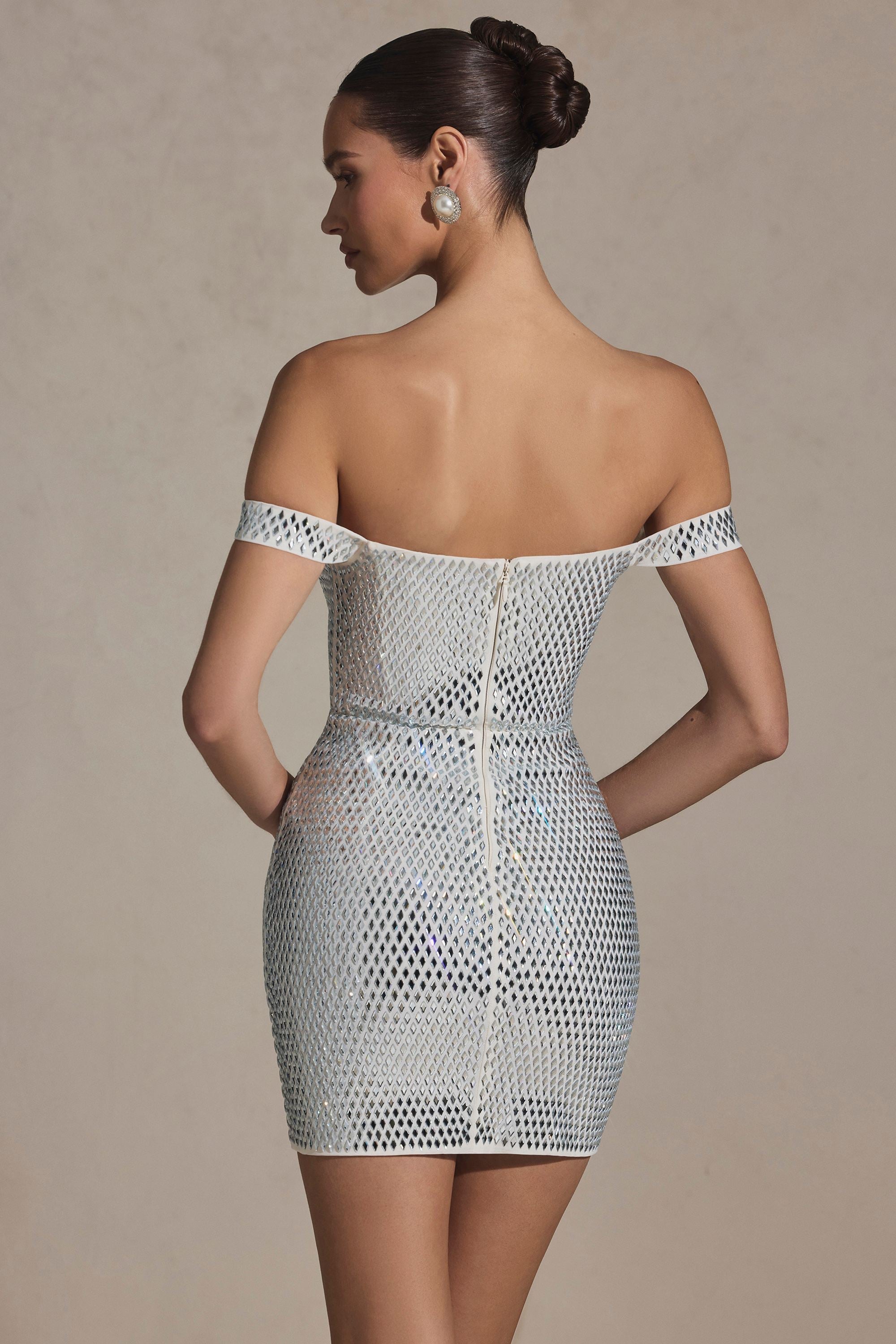 Embellished Off-Shoulder Mini Dress in White
