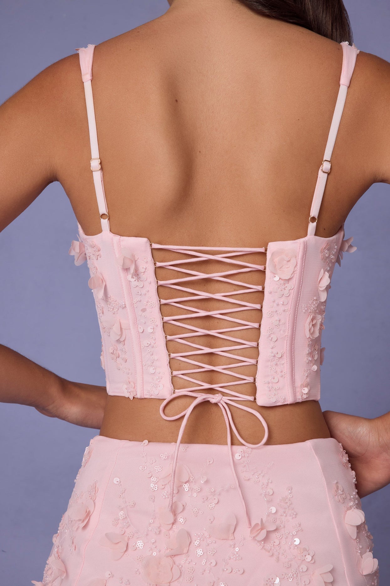 Embellished Lace-Up Corset Top in Soft Pink