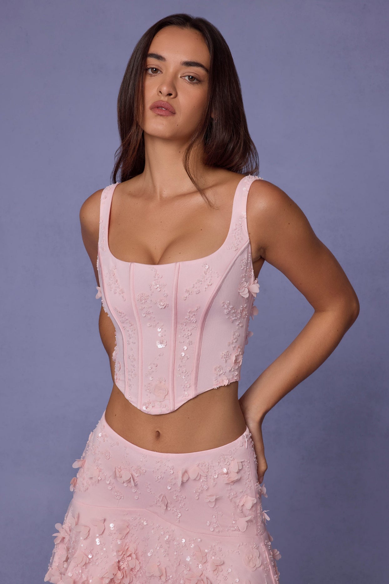 Embellished Lace-Up Corset Top in Soft Pink