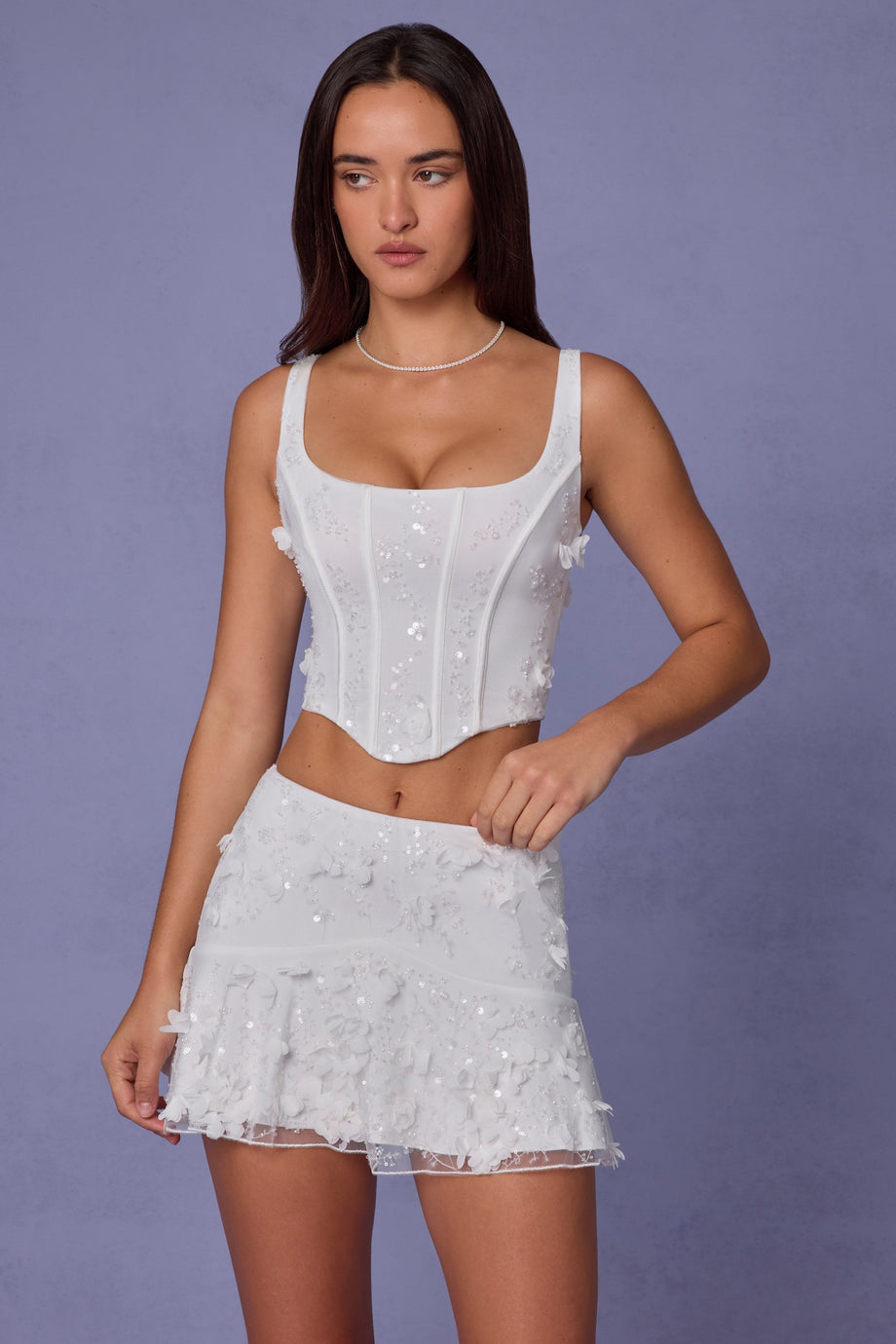 Embellished Lace-Up Corset Top in White
