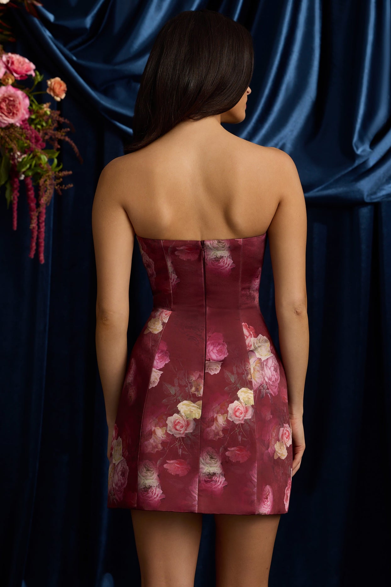 Strapless Structured Tulip Mini Dress in Maroon Floral Print