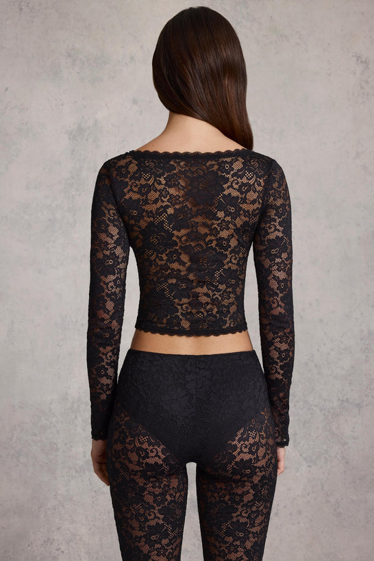 Plunge-Neck Long-Sleeve Lace Top in Black