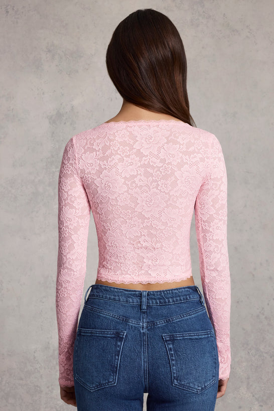 Plunge-Neck Long-Sleeve Lace Top in Pink