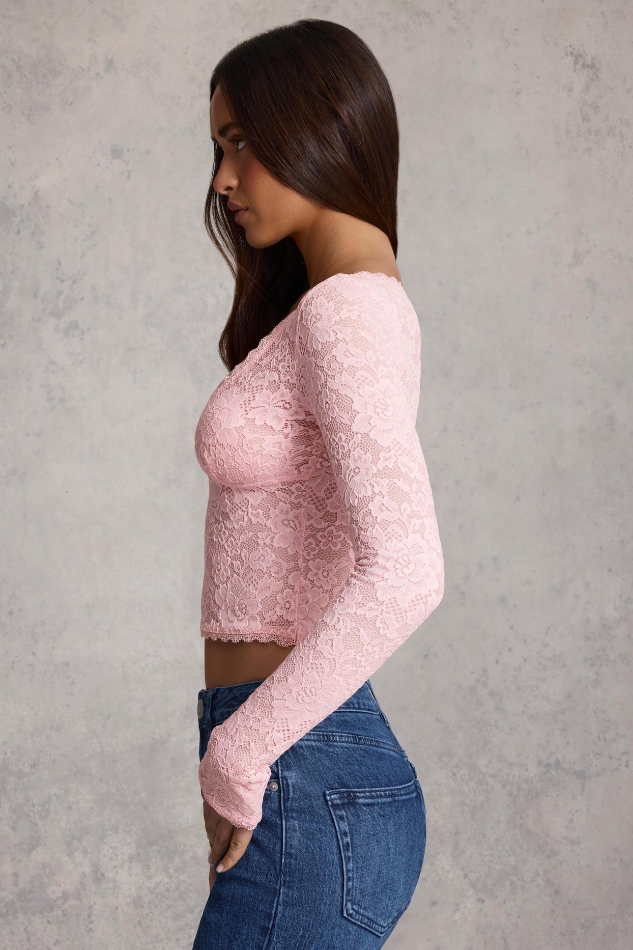 Plunge-Neck Long-Sleeve Lace Top in Pink