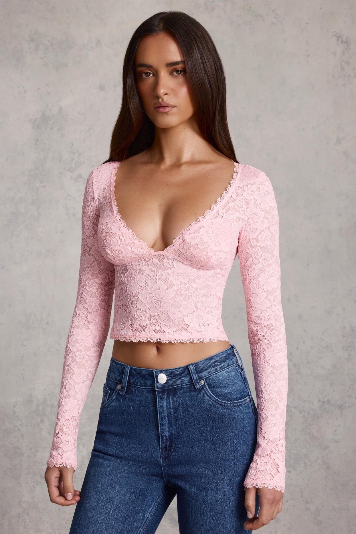 Plunge-Neck Long-Sleeve Lace Top in Pink