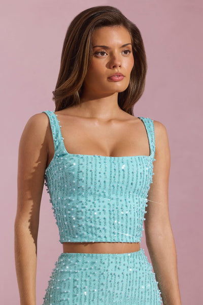Lirael Embellished Square-Neck Crop Top in Aqua Blue | Oh Polly