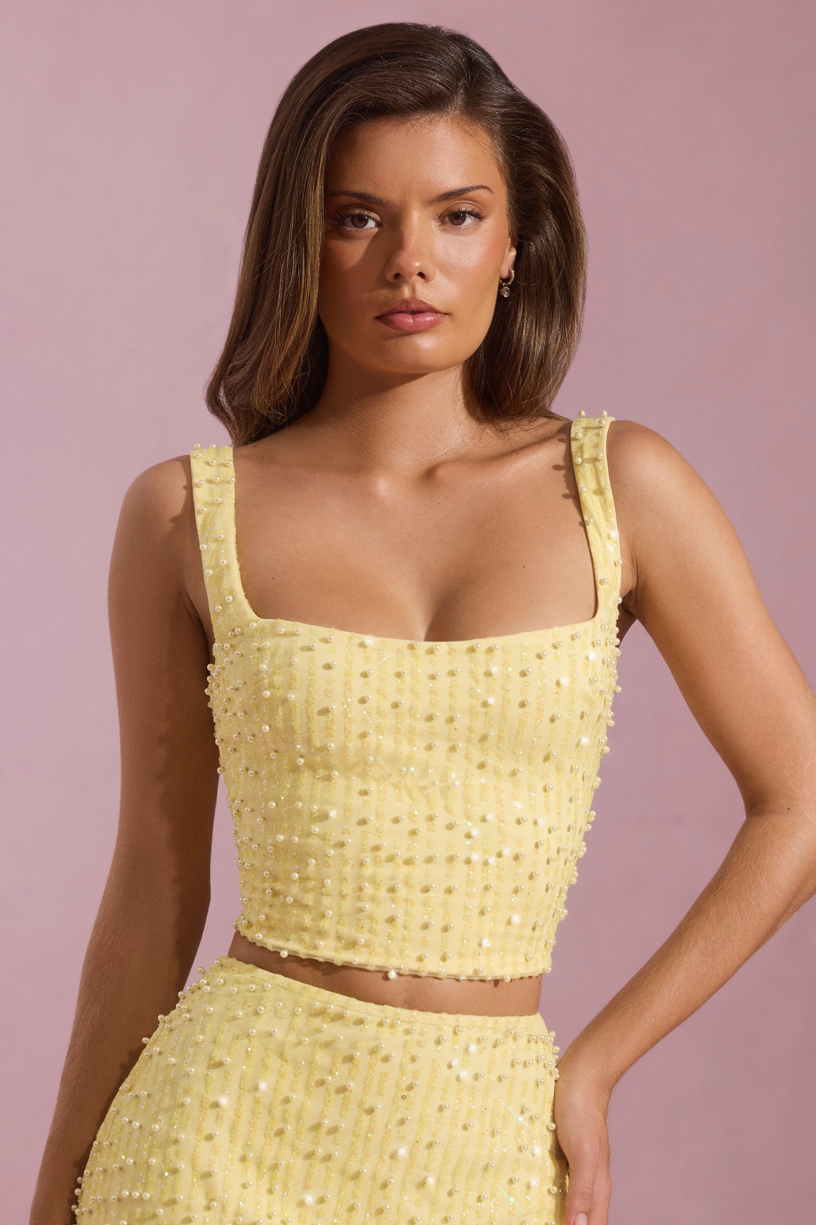 Embellished Square-Neck Crop Top in Yellow - 1